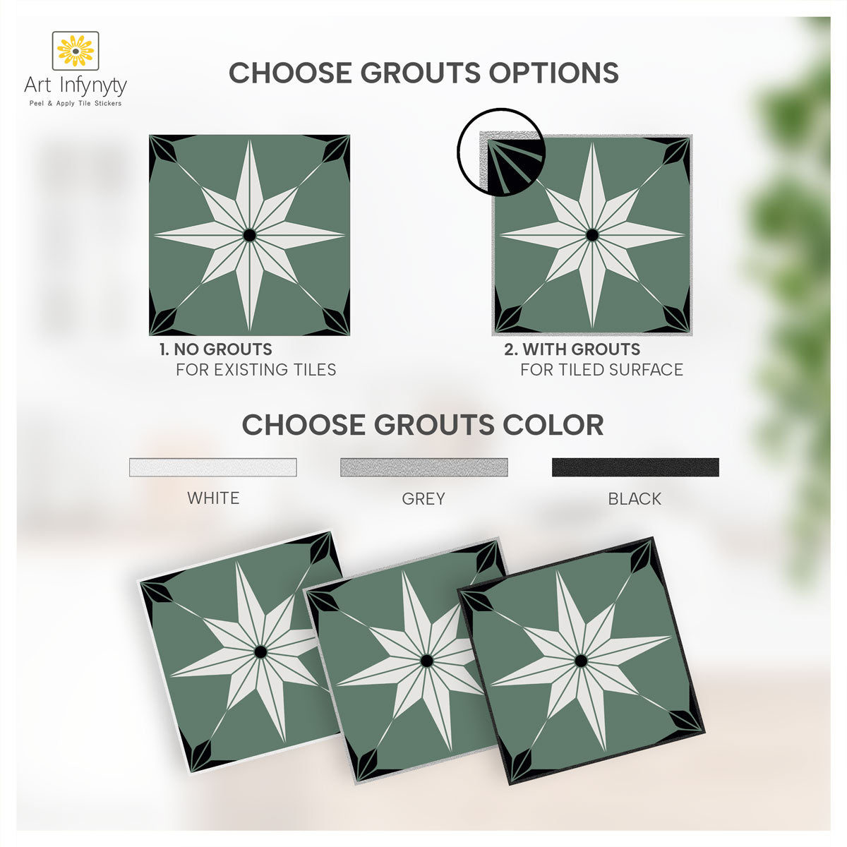 Peel and Stick Green with White Star Tile Stickers | Removable | Antiskid for Bathroom Floor Tile Vinyl Decals | Free Shipping