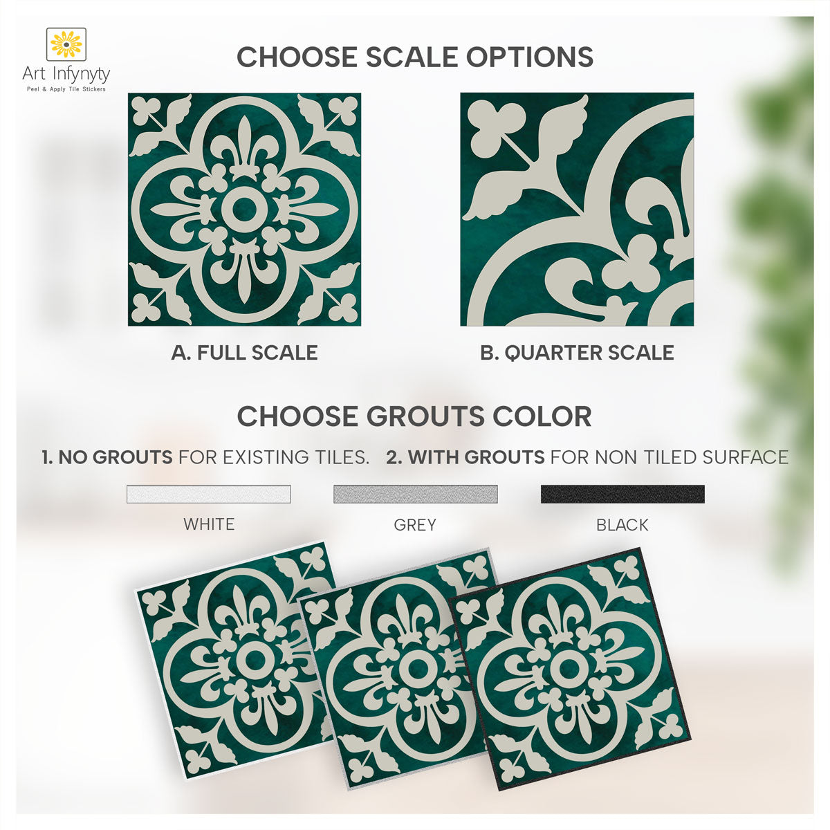 Classic Moss Green - Off White: Backsplash Tile Stickers | Stair Decals | Peel and Stick Kitchen, Bathroom and Floor Tile Stickers