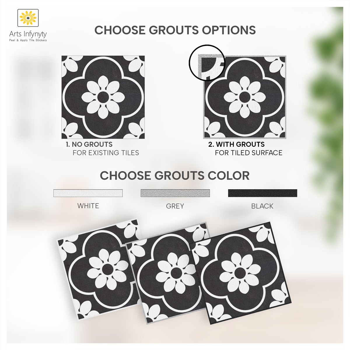 Black and White Floral Marseille Tile Stickers | Peel and Stick Tile Vinyl for Kitchen Floor Wall and Bathroom | Removable