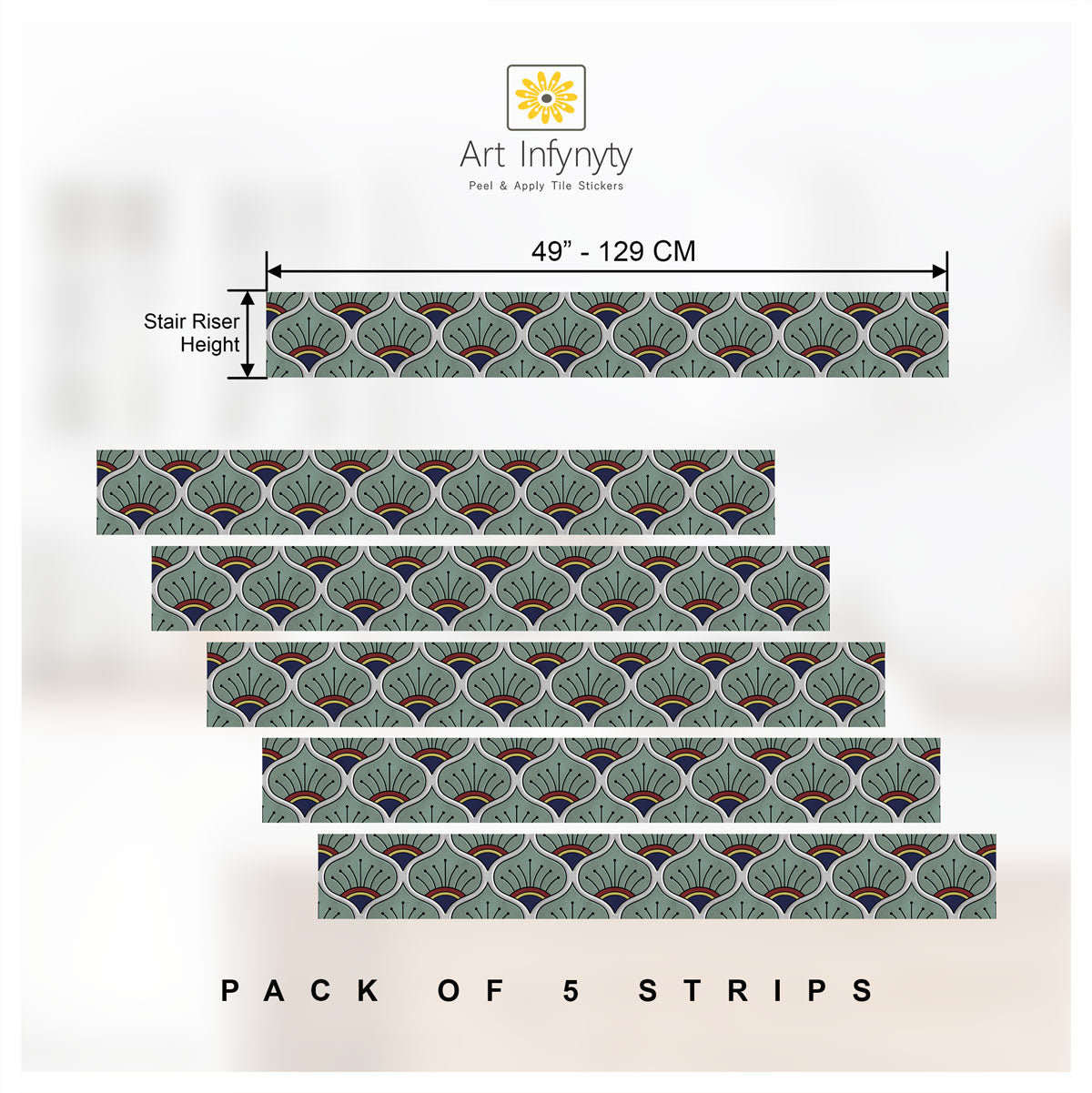 Peacock Hand Painted Peel and Stick Stair Decal | Waterproof and Easy to Trim | Extra long 49" length DIY Home Décor