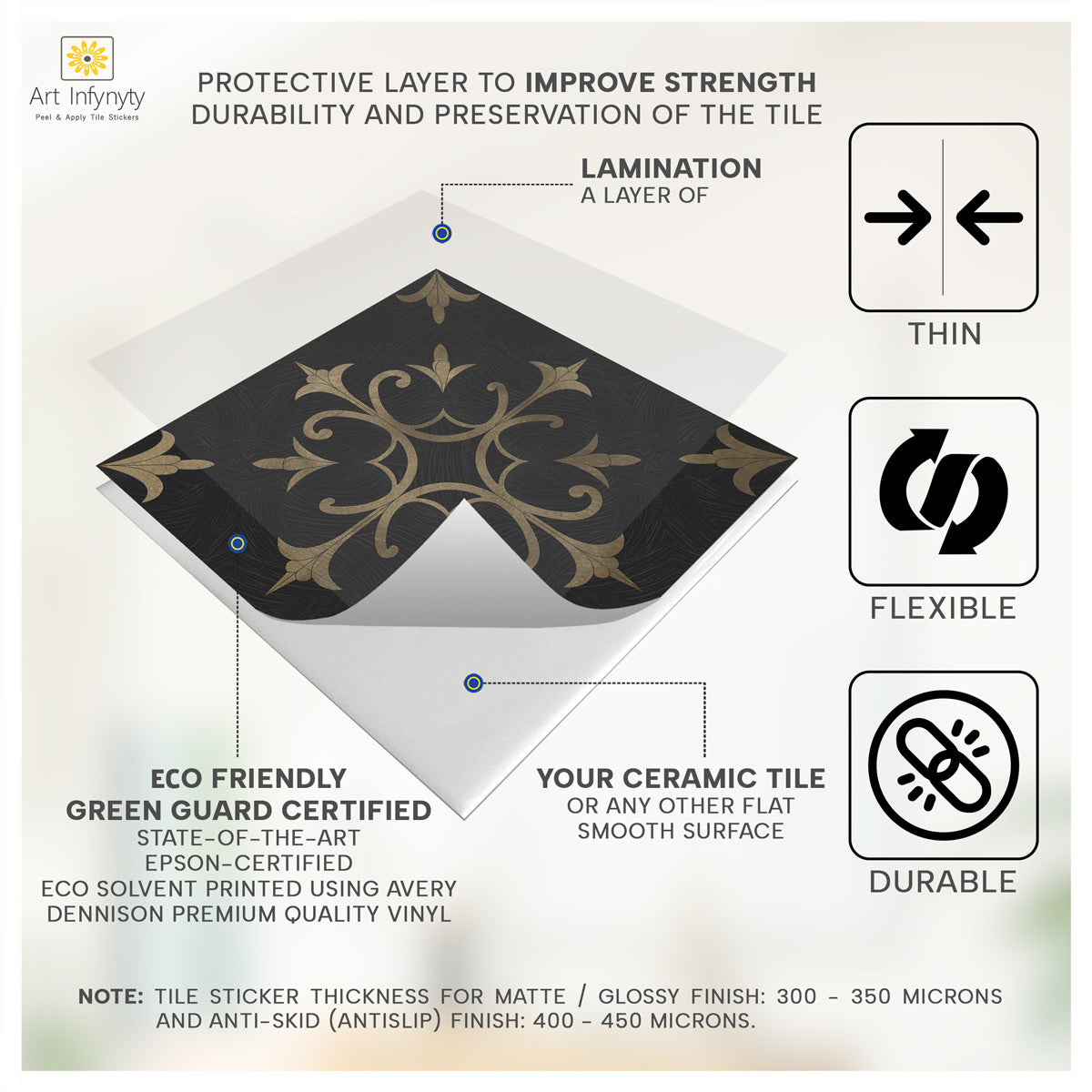 Classic Tarnished Gold Floral Floor Tile Stickers | Handcrafted Tile Decals | Peel and Stick Kitchen, Wall, Bathroom Tile Stickers