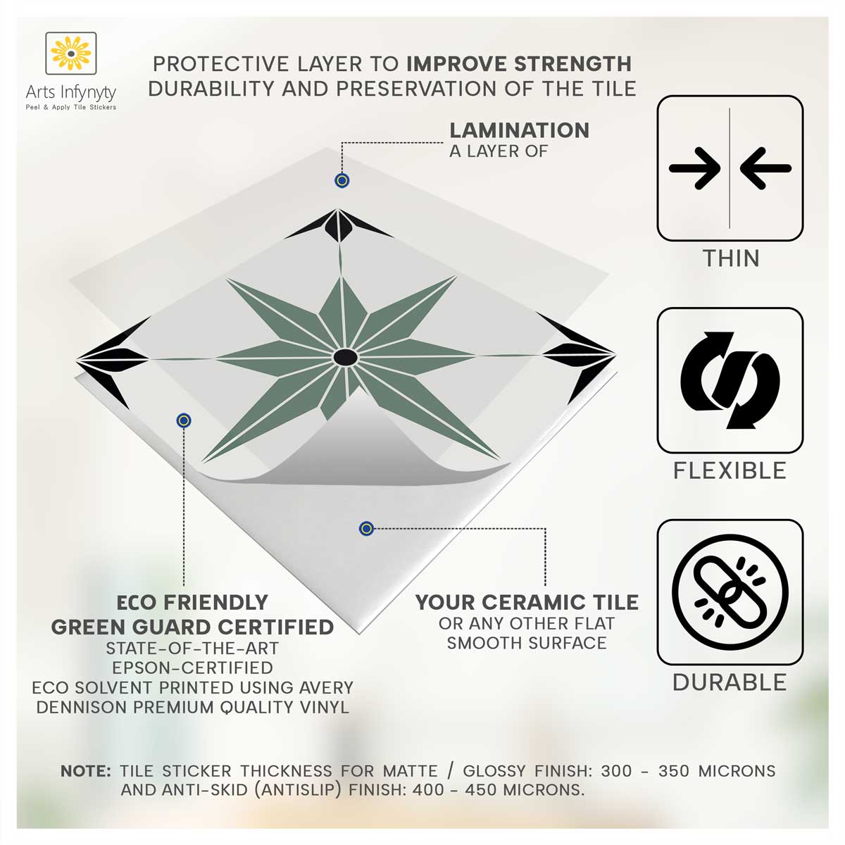 Peel and Stick Olive Green with Blackstar Tile Stickers | Removable | Bathroom Floor Antiskid Tile Decals | Free Shipping