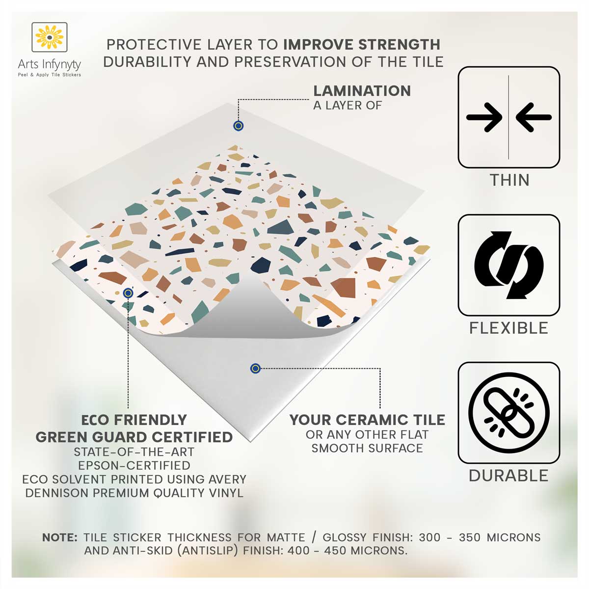 Colorful Terrazzo Mosaic Tile Stickers | Peel and Stick Kitchen Bathroom Wall Tile Vinyl| Antiskid Floor Tile Sticker | Removable