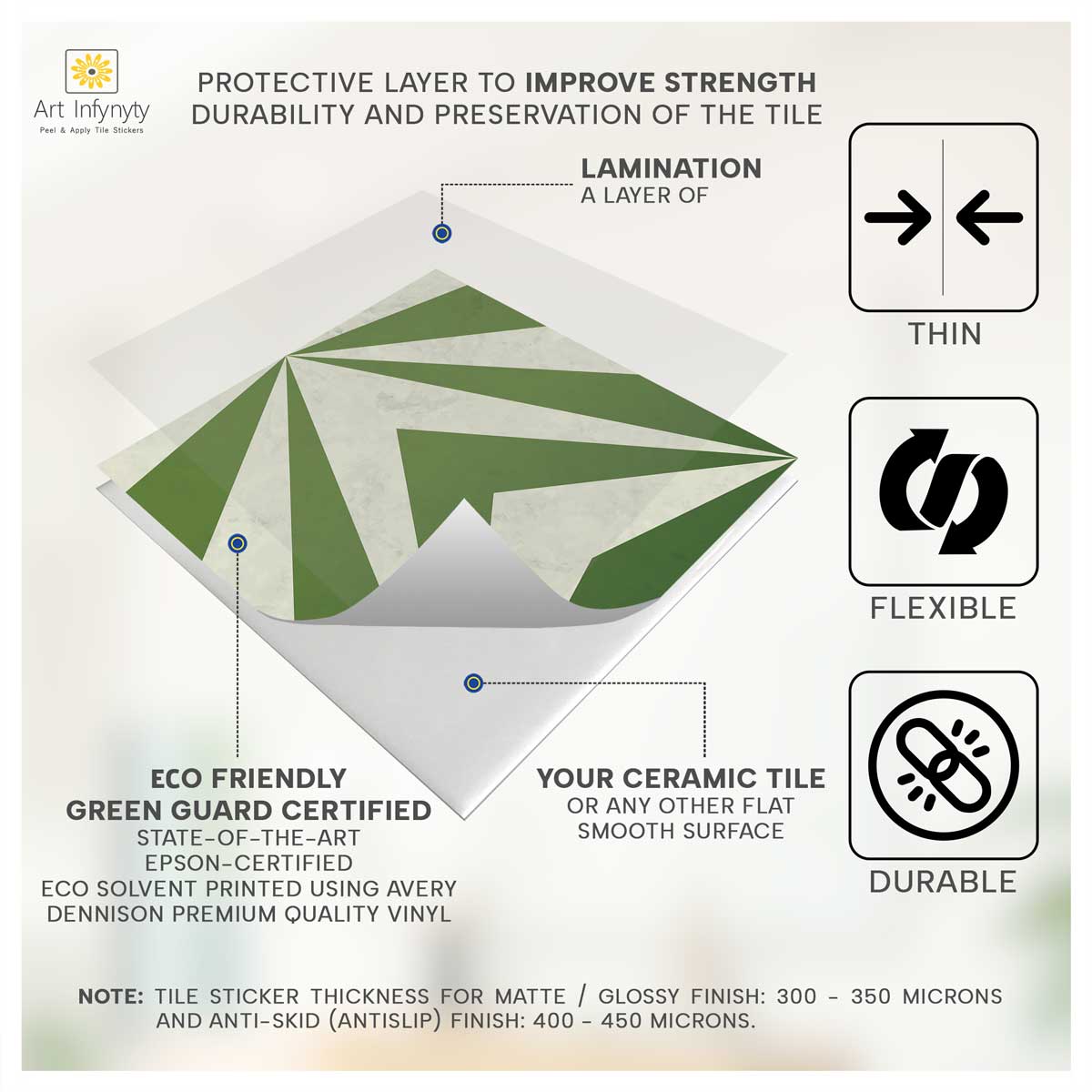 Oblique Moss Green Tile Stickers | Antiskid Floor Tile Vinyl | Peel and Stick Kitchen Bathroom Wall Tile Stickers | Removable