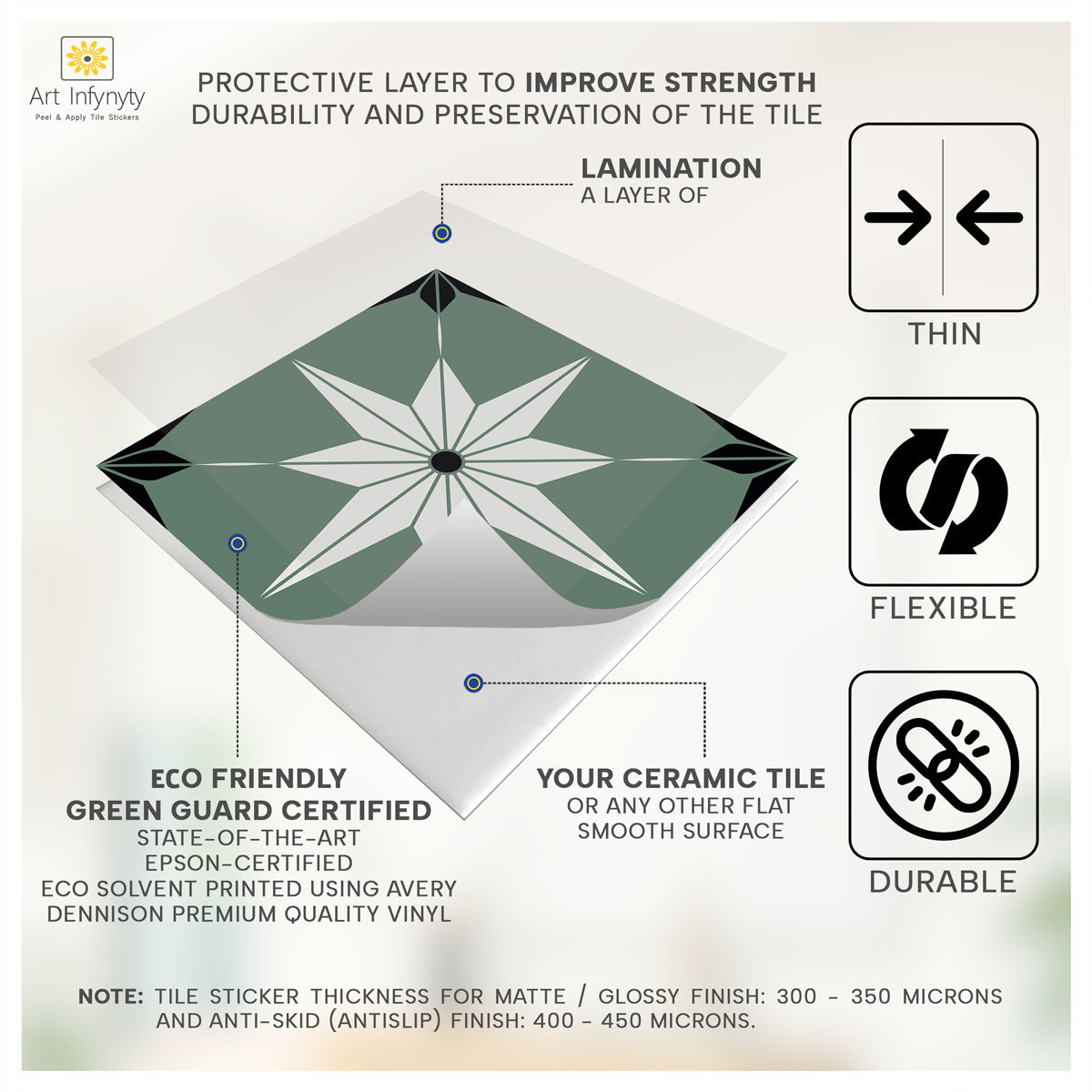 Peel and Stick Green with White Star Tile Stickers | Removable | Antiskid for Bathroom Floor Tile Vinyl Decals | Free Shipping