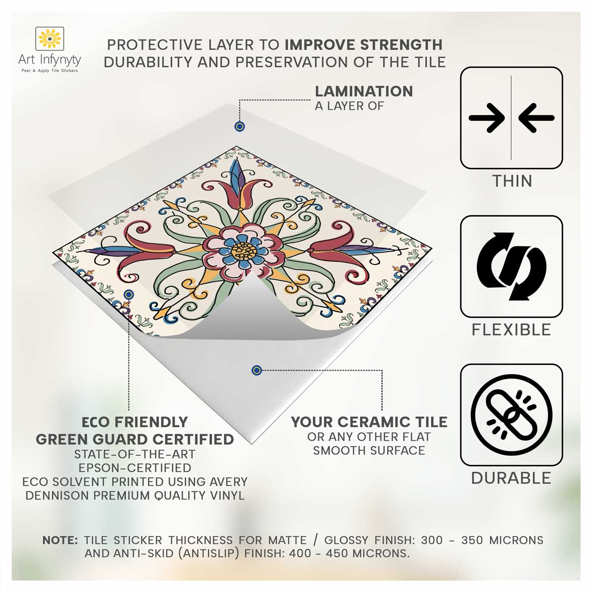 Vintage Flourish Hand Crafted Tile Stickers | Peel and Stick Kitchen Bathroom Wall Tile Vinyl Decals | Antiskid Floor Tile Vinyl