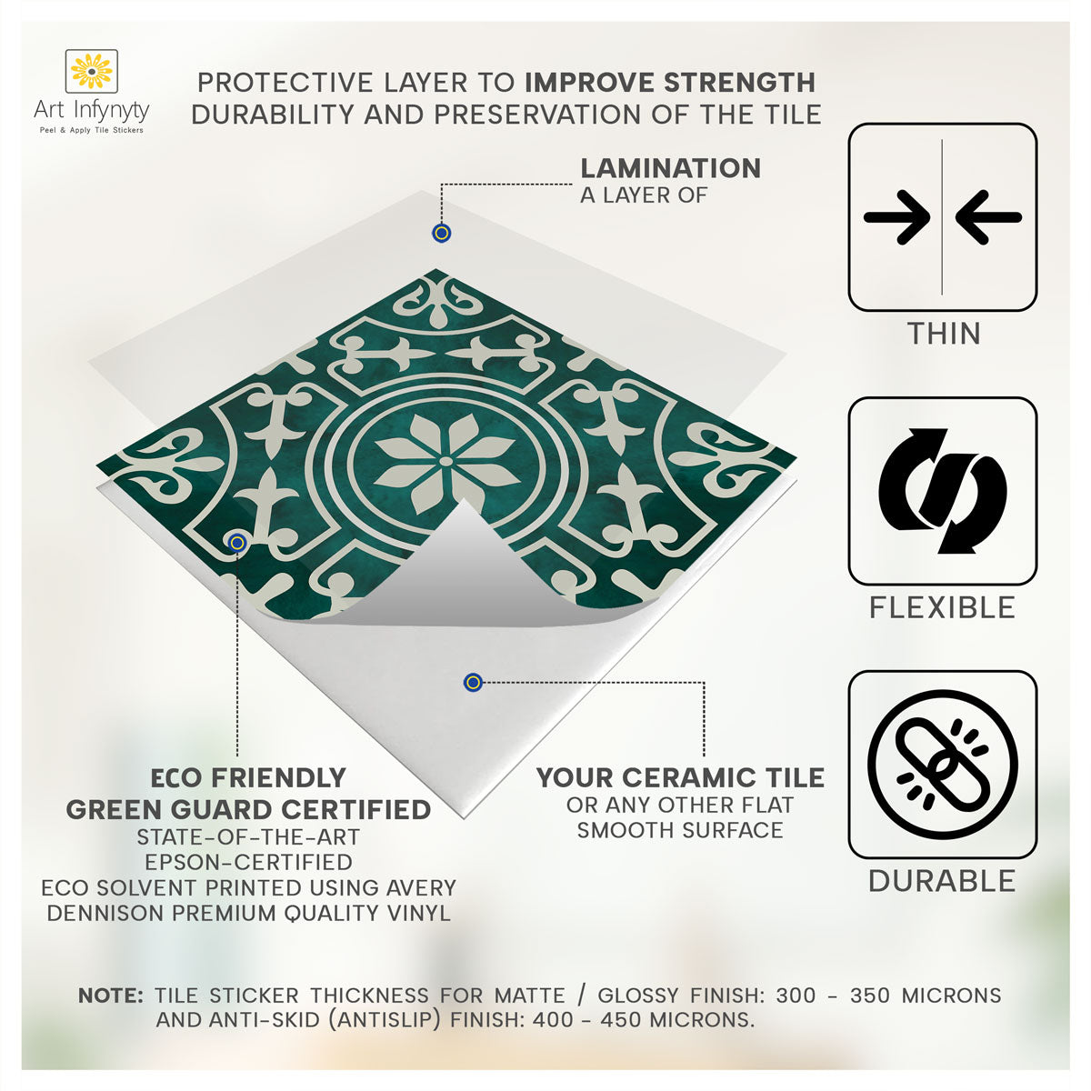 Moss Green Floral Tile Stickers | Bathroom Floor Antiskid Tile Stickers | Peel and Stick Kitchen Wall Backsplash Tile Stickers