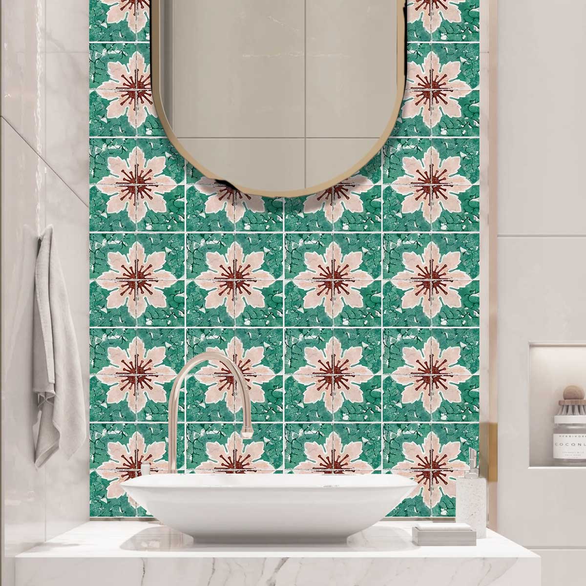 Pink & Old Floral Tile Stickers | Peel and Stick Bathroom Kitchen Floor Wall Backsplash Tile Stickers | Easy to Apply | Removable