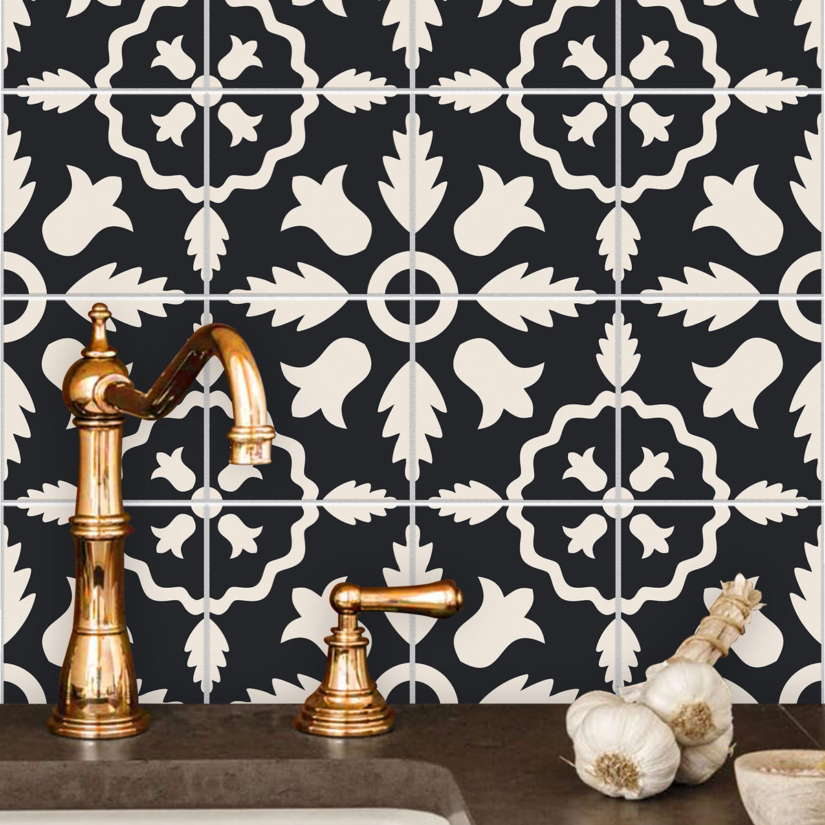 Ivory Midnight Flora Tile Stickers | Peel and Stick Kitchen, Bathroom & Wall Backsplash Tile Vinyl Decals | Removable and Waterproof