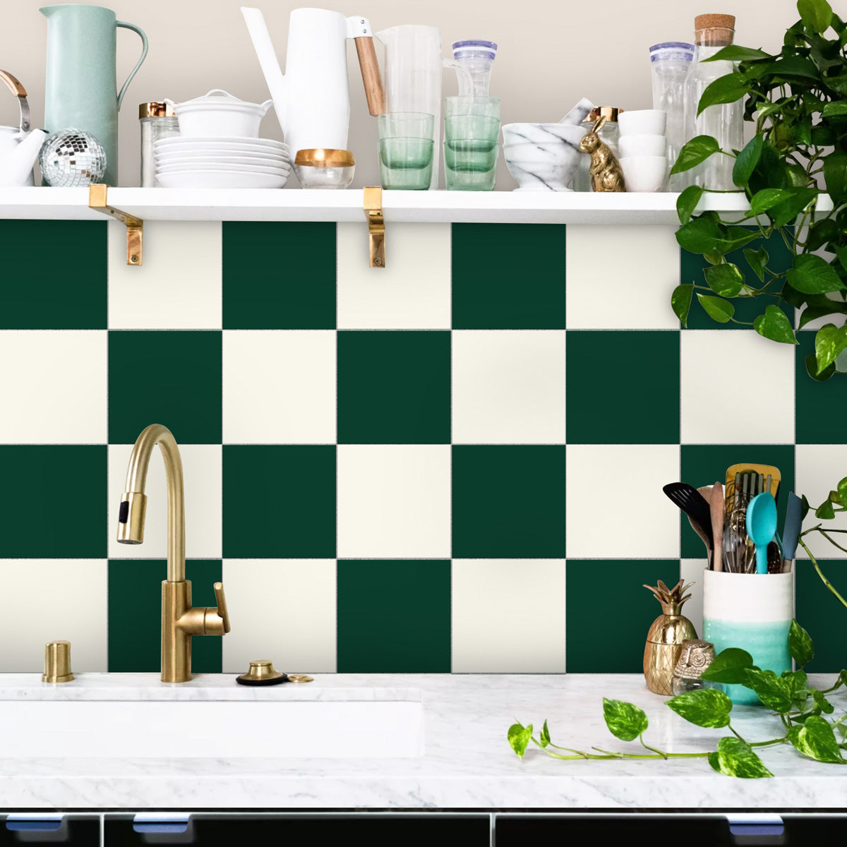Green and Ivory Tile Stickers | Antiskid Floor Tile Vinyl Decals | Kitchen, Bathroom, Wall Peel and Stick Tile Vinyl Stickers