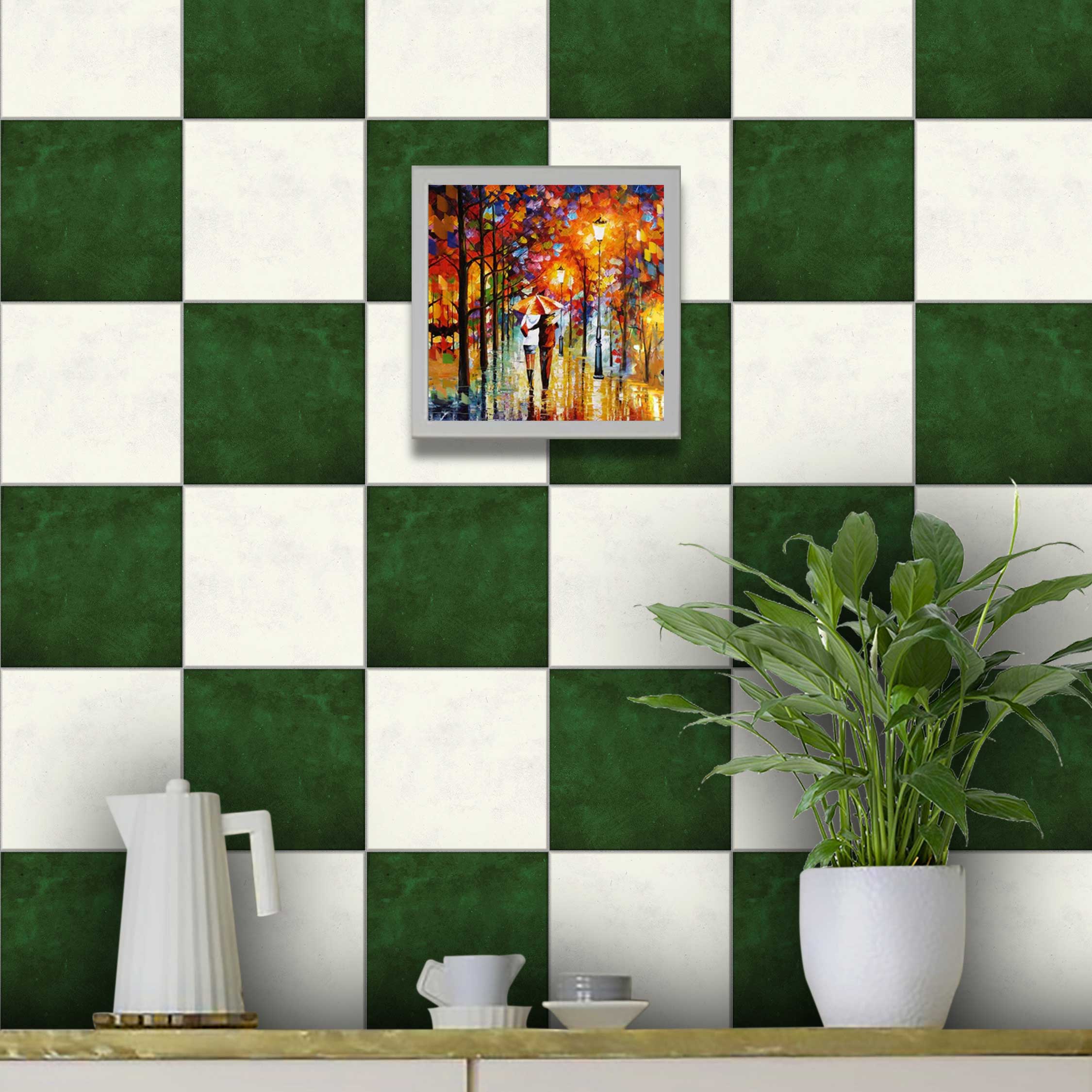 Mose Green and Ivory Checkered Texture Floor Tile Stickers | Peel and Stick Kitchen Bathroom Wall Backsplash Tile Vinyl | Removable