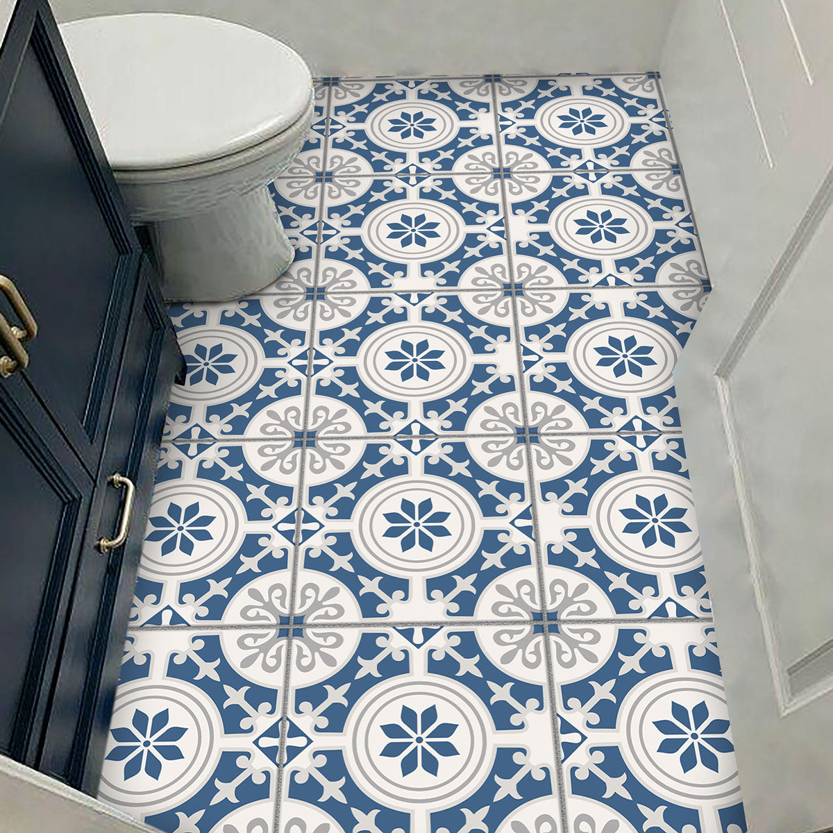 Blue Suede Floral Tile Sticker | Antiskid Bathroom Floor Tile Vinyl | Peel and Stick Kitchen Wall Backsplash Tile Stickers