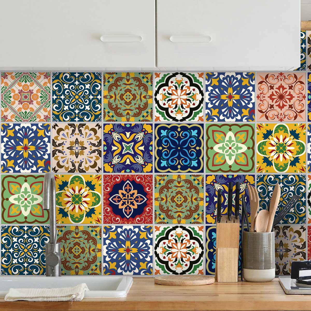 Vintage Floral Mix Pattern Tile Stickers | Peel and Stick Kitchen Bathroom, Wall Tile Vinyl Decals | Removable | Free Shipping
