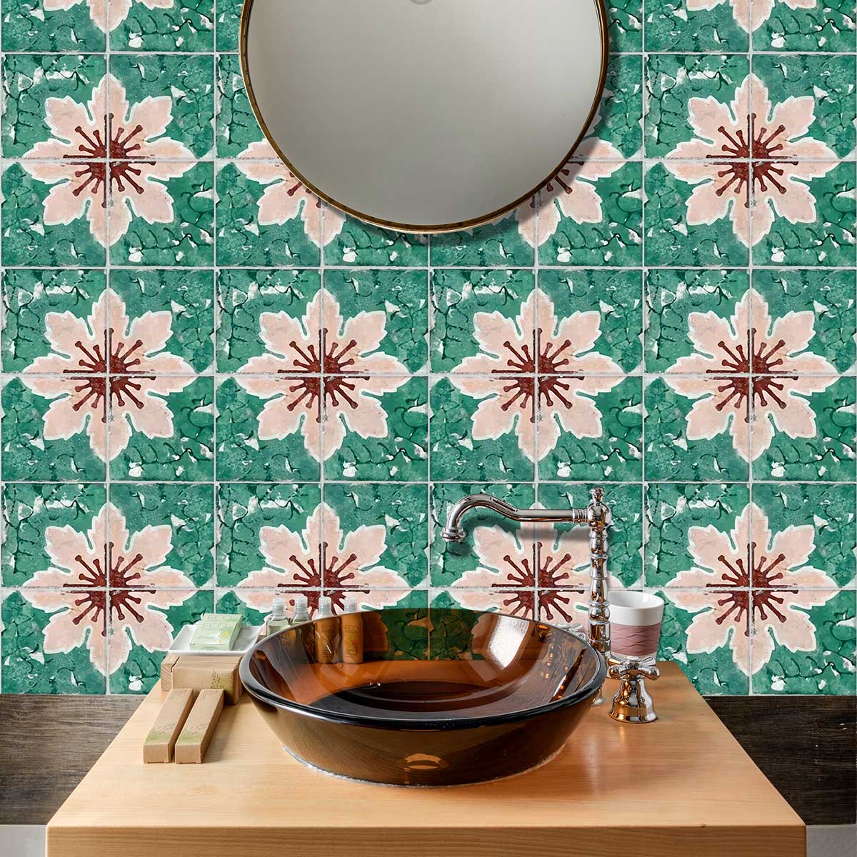 Pink & Old Floral Tile Stickers | Peel and Stick Bathroom Kitchen Floor Wall Backsplash Tile Stickers | Easy to Apply | Removable