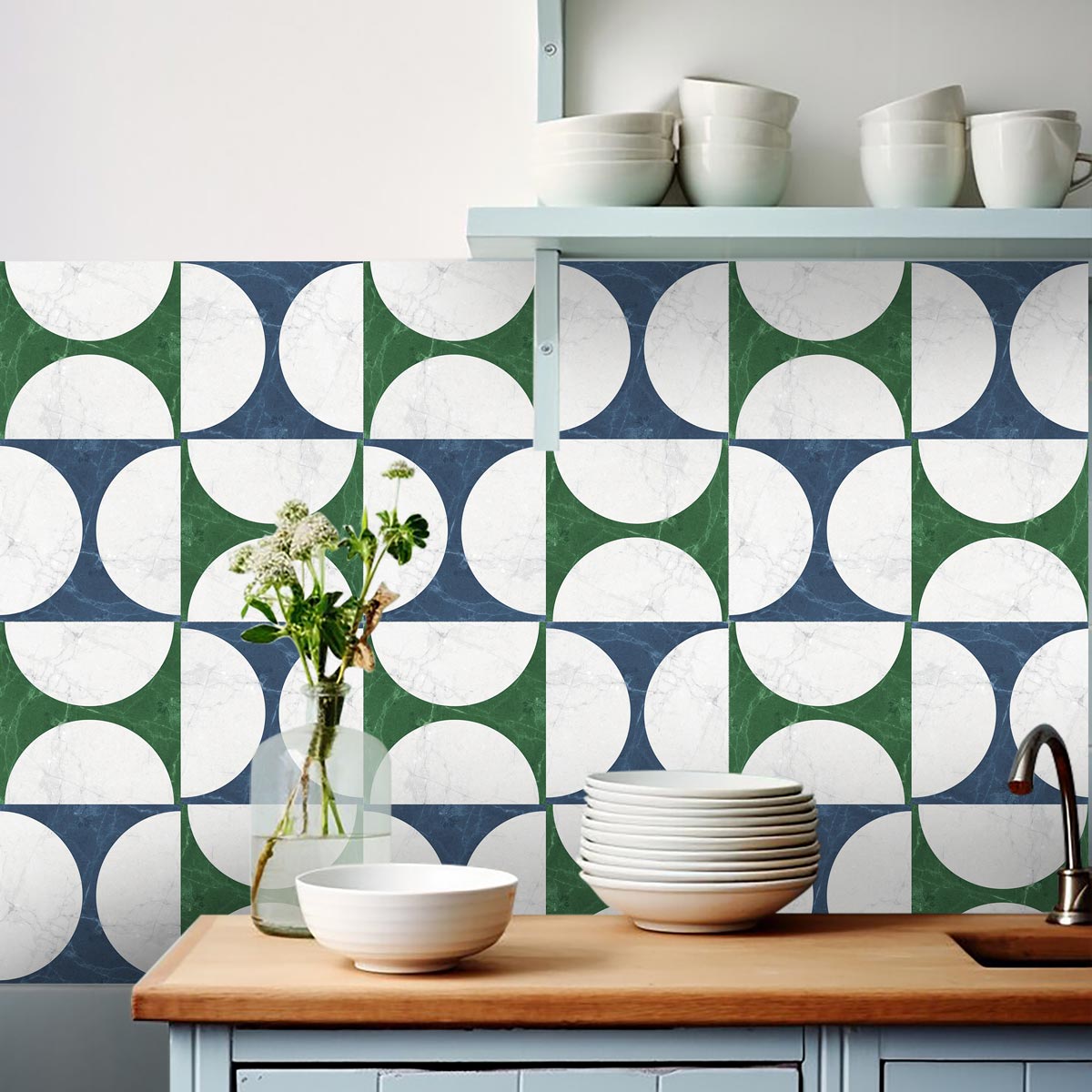 Marble Semicircle Duo Tile Stickers | Peel and Stick Kitchen, Bathroom, Wall Backsplash Tile Vinyl | Antiskid Floor Tile Stickers