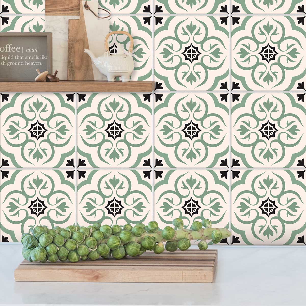 Peel and Stick Olive Arabesque Tile Vinyl Decals | Kitchen Bathroom, Wall Backsplash Tile Stickers | Antiskid Floor Tile Vinyl