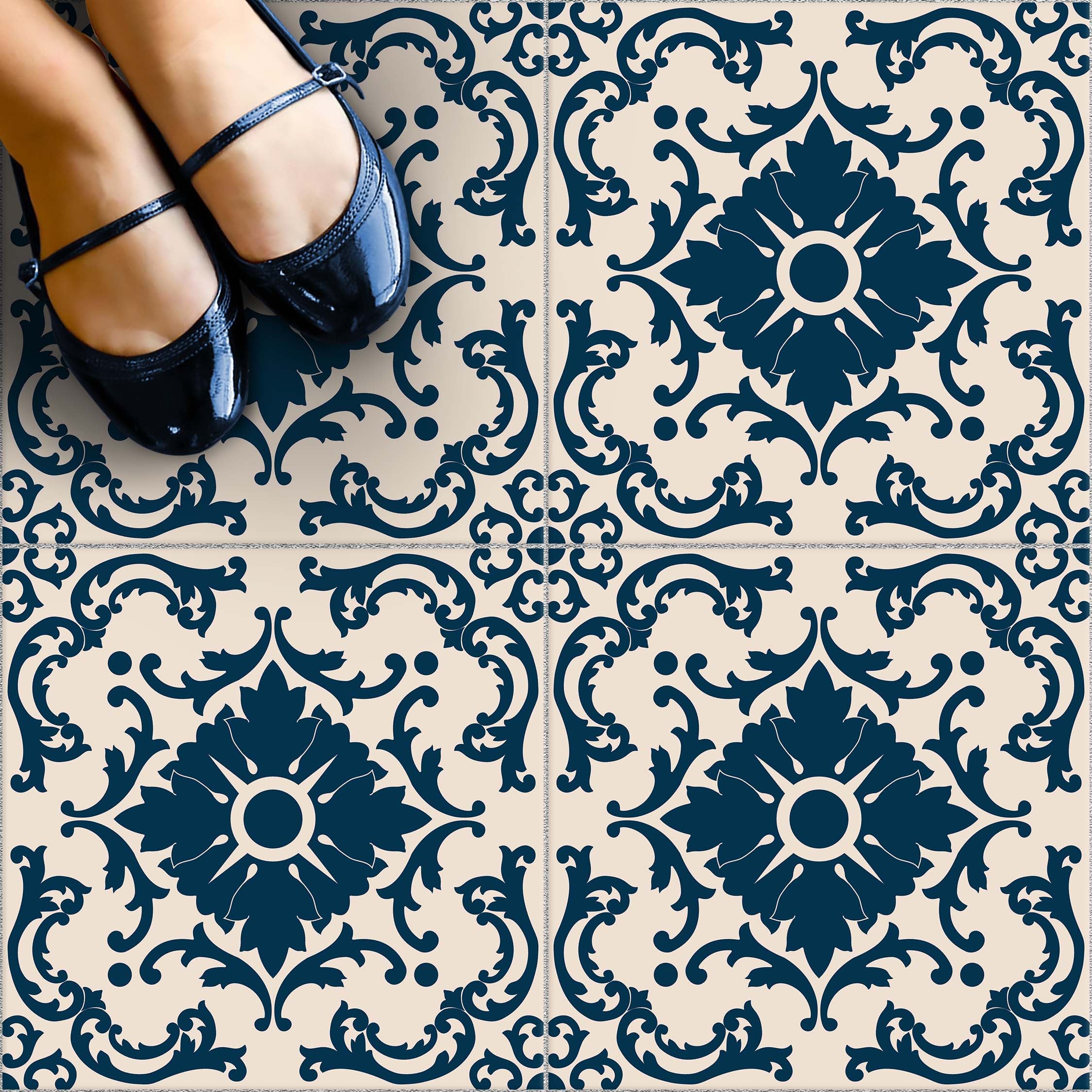 Azulejo Dark Blue & Ivory Tile Stickers | Peela and Stick Tile Vinyl for Kitchens Bathroom Wall | Antiskid Floor Tile Stickers