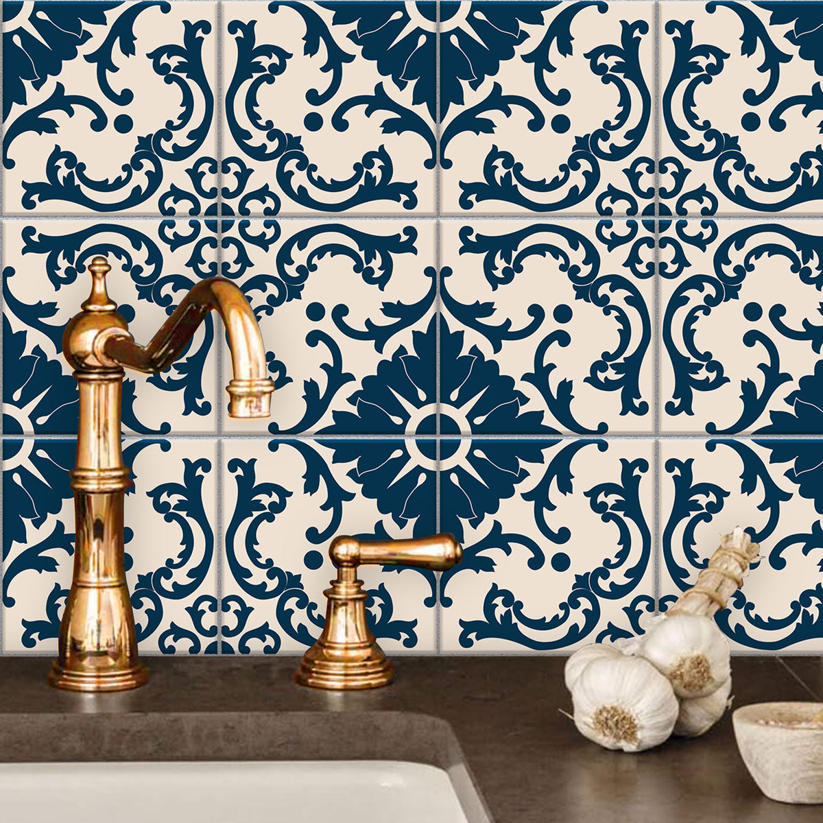 Azulejo Dark Blue & Ivory Tile Stickers | Peela and Stick Tile Vinyl for Kitchens Bathroom Wall | Antiskid Floor Tile Stickers