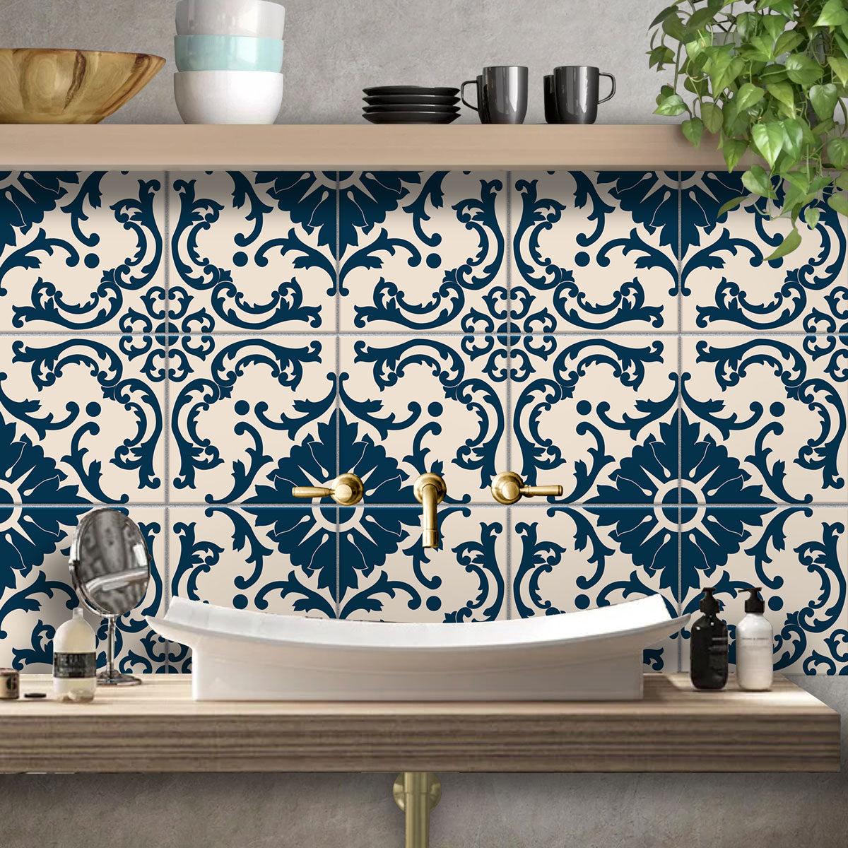 Azulejo Dark Blue & Ivory Tile Stickers | Peela and Stick Tile Vinyl for Kitchens Bathroom Wall | Antiskid Floor Tile Stickers