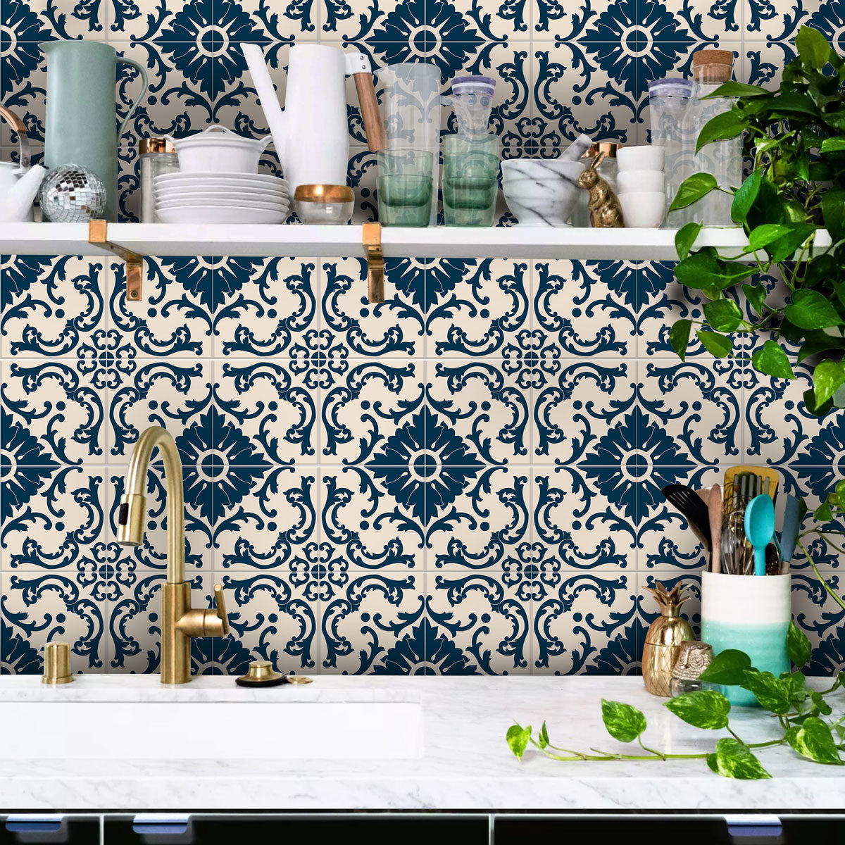 Azulejo Dark Blue & Ivory Tile Stickers | Peela and Stick Tile Vinyl for Kitchens Bathroom Wall | Antiskid Floor Tile Stickers