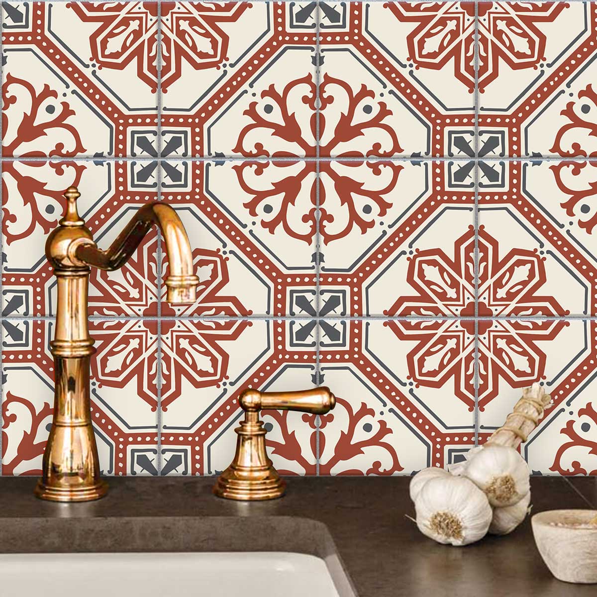 Terracotta Victorian Bloom Peel and Stick Tile Stickers | Kitchen, Bathroom Wall Tile Vinyl Decals | Antiskid Floor Tile Stickers