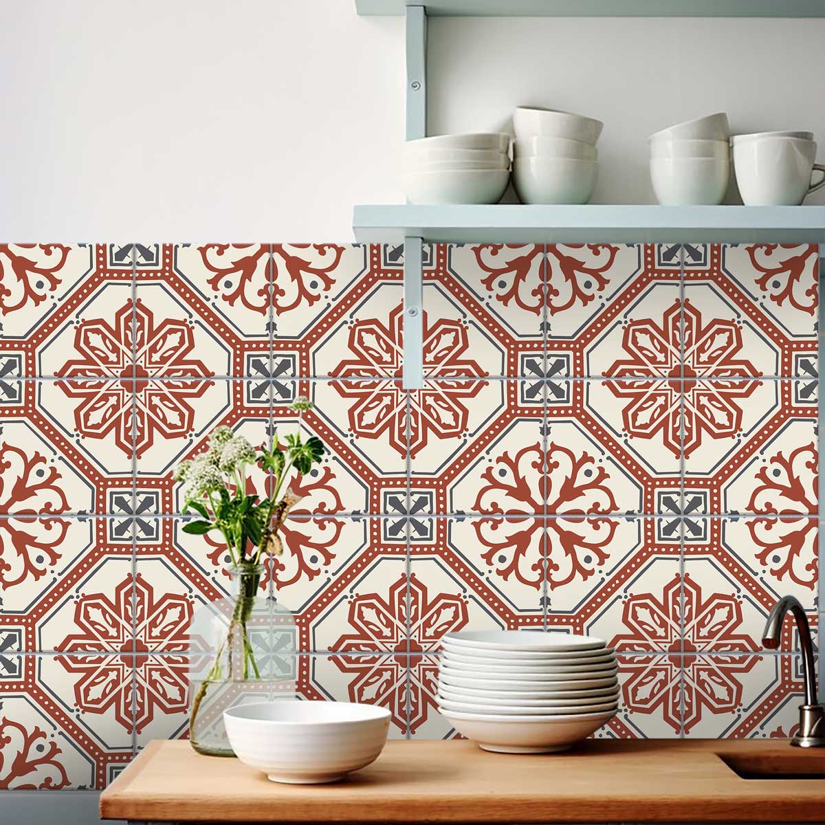 Terracotta Victorian Bloom Peel and Stick Tile Stickers | Kitchen, Bathroom Wall Tile Vinyl Decals | Antiskid Floor Tile Stickers