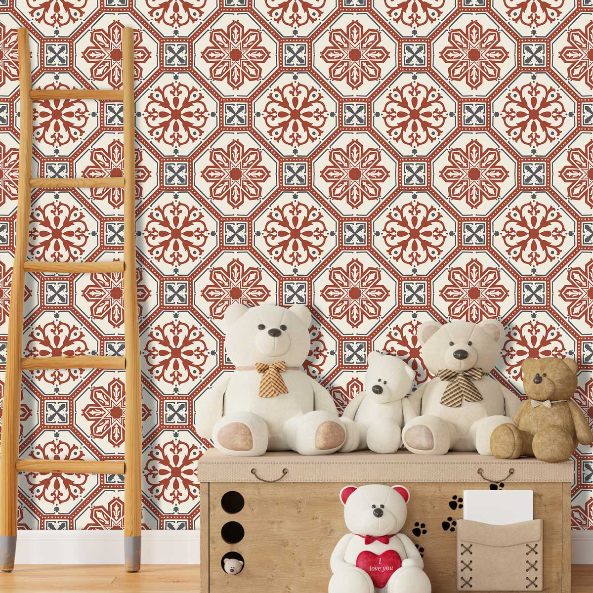 Terracotta Victorian Bloom Peel and Stick Tile Stickers | Kitchen, Bathroom Wall Tile Vinyl Decals | Antiskid Floor Tile Stickers