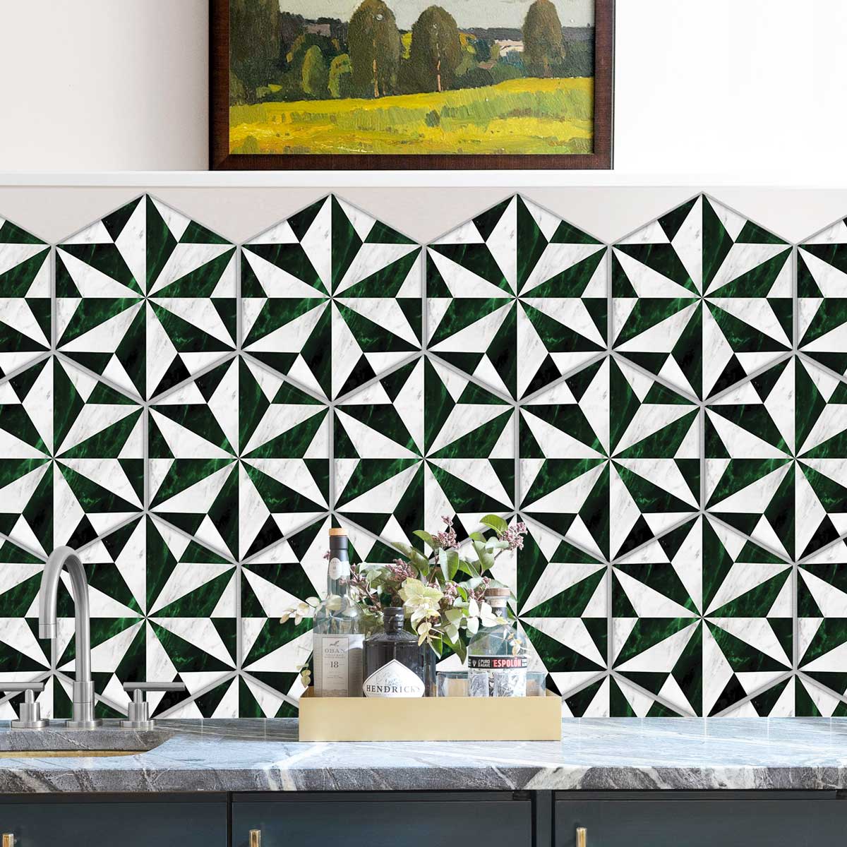 Hexagon Emerald Forest Marble Tile Stickers | Peel and Stick Kitchen, Bathroom, Backsplash, Floor Tile Vinyl Decals | Free Shipping