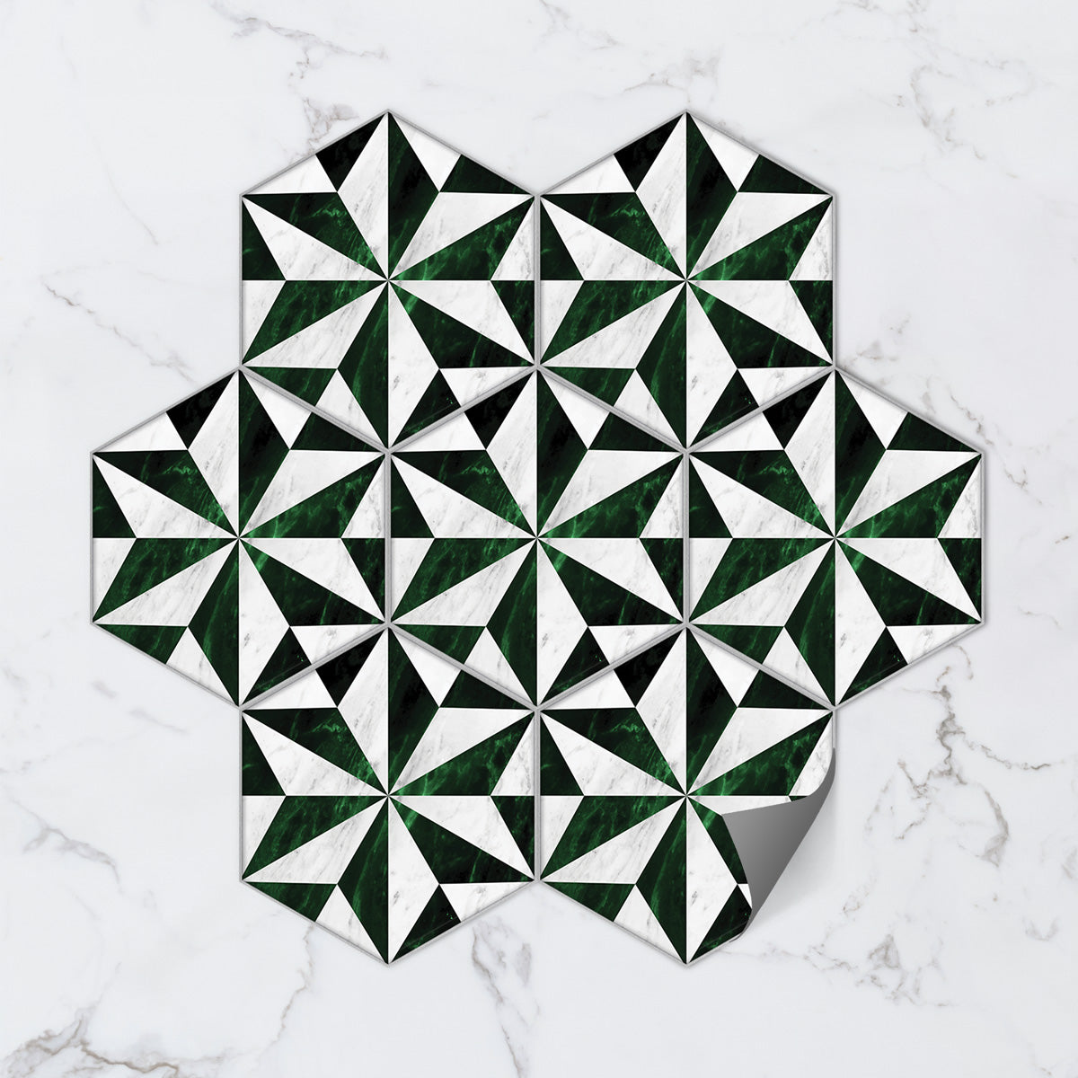 Hexagon Emerald Forest Marble Tile Stickers | Peel and Stick Kitchen, Bathroom, Backsplash, Floor Tile Vinyl Decals | Free Shipping