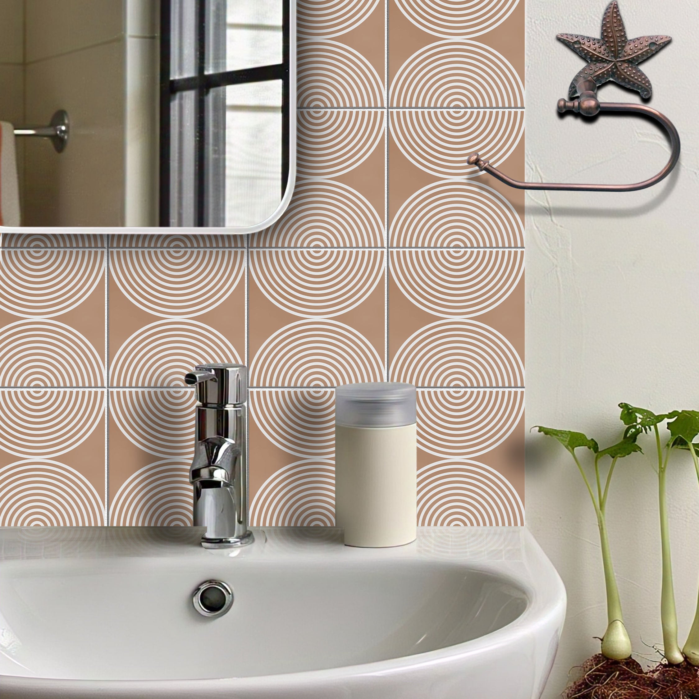 Dual Orbit Desert Beige Tile Stickers | Peel and Stick Kitchen, Bathroom, Wall Tile Vinyl | Antiskid Floor Tile Stickers | Removable