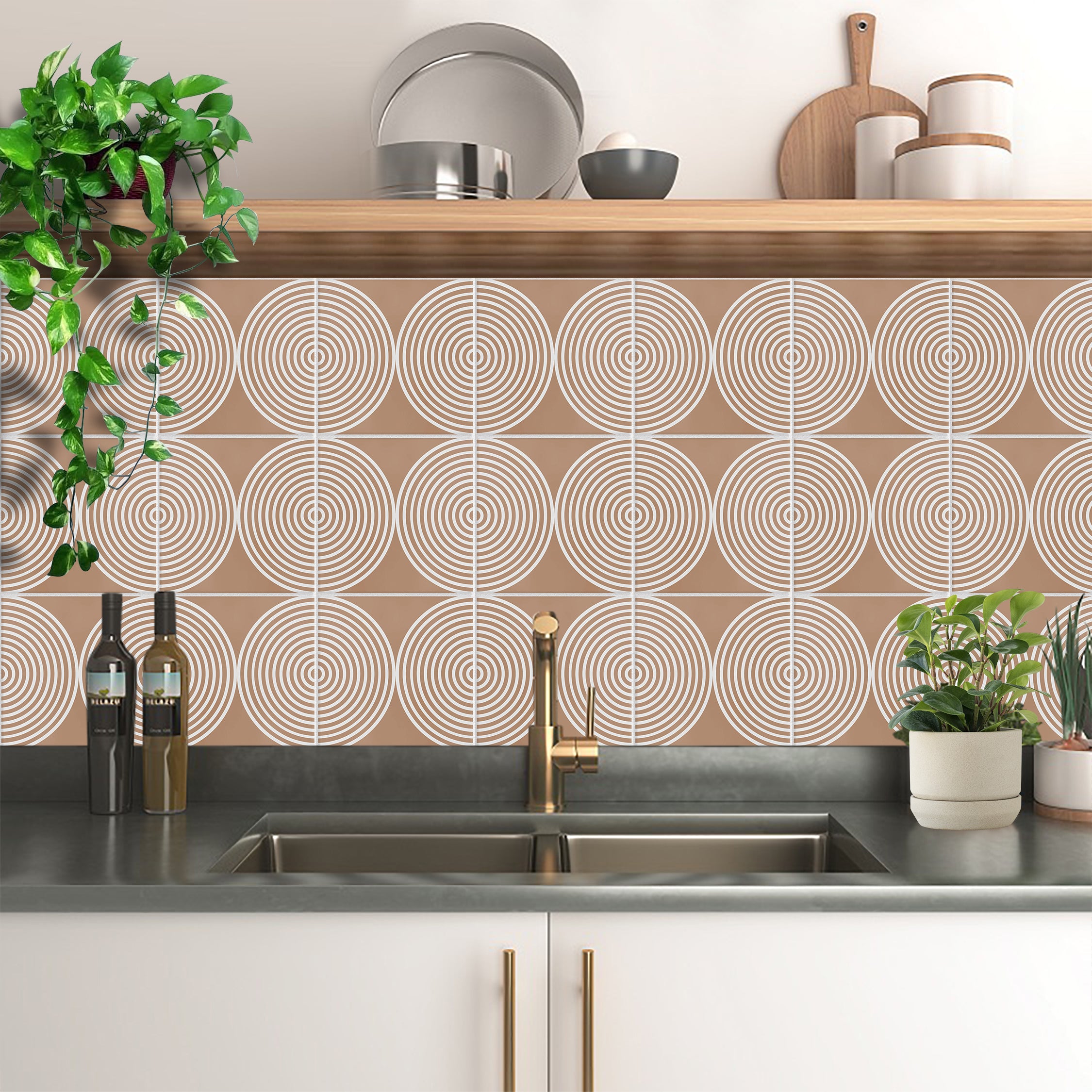 Dual Orbit Desert Beige Tile Stickers | Peel and Stick Kitchen, Bathroom, Wall Tile Vinyl | Antiskid Floor Tile Stickers | Removable