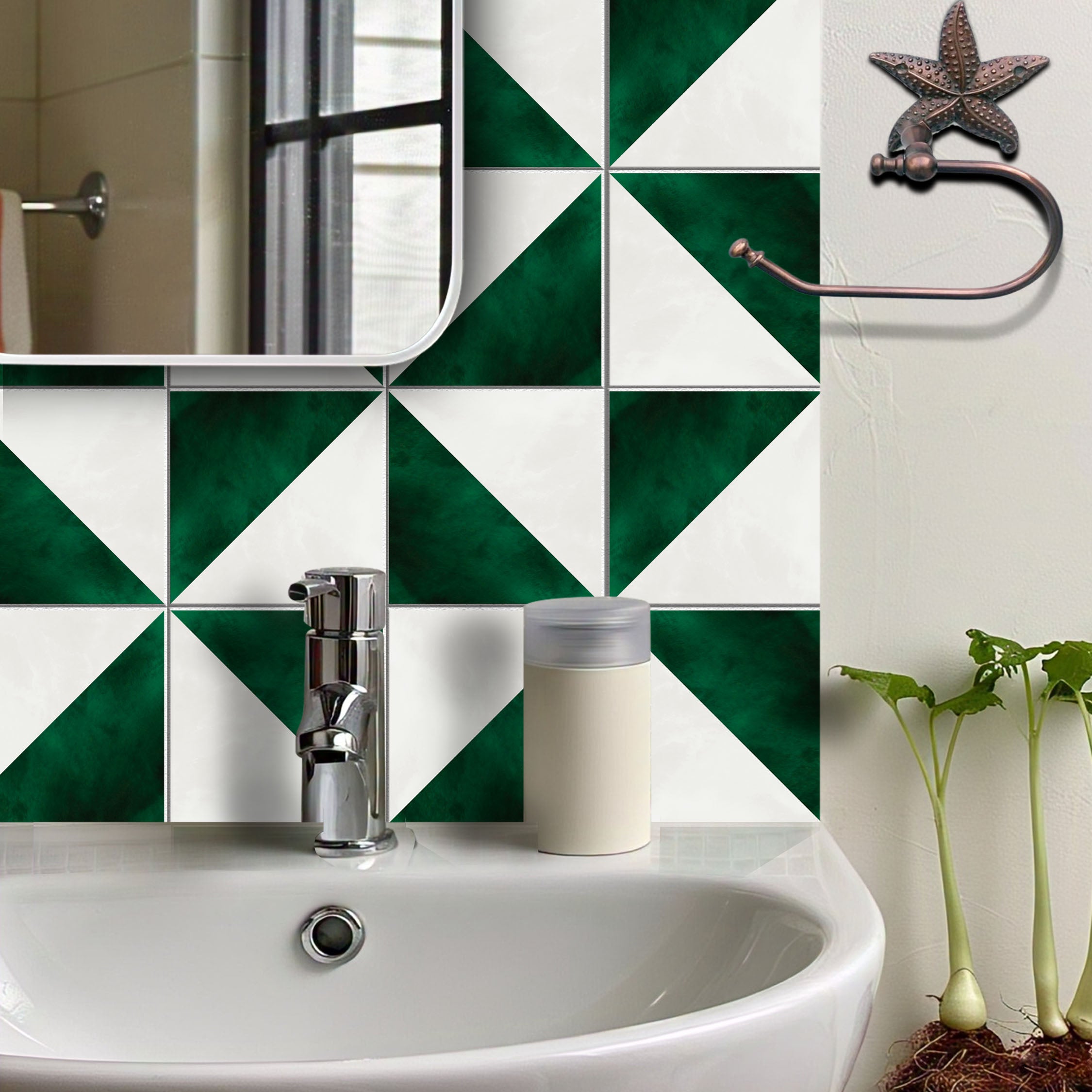 Peel and Stick Emerald Green & Ivory Tile Stickers | Kitchen, Bathroom, Wall Tile Vinyl Decals | Antiskid Floor Tile Stickers