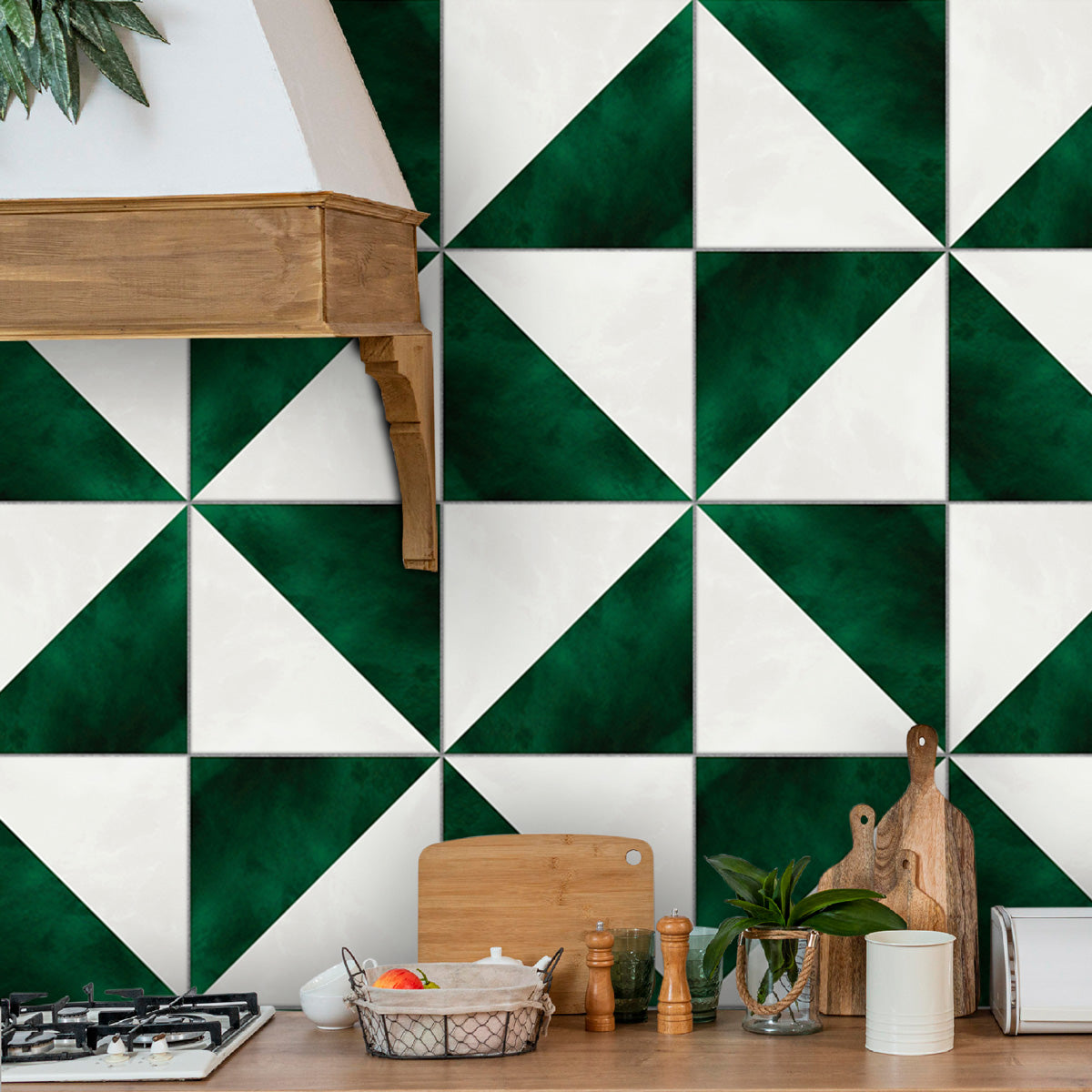 Peel and Stick Emerald Green & Ivory Tile Stickers | Kitchen, Bathroom, Wall Tile Vinyl Decals | Antiskid Floor Tile Stickers