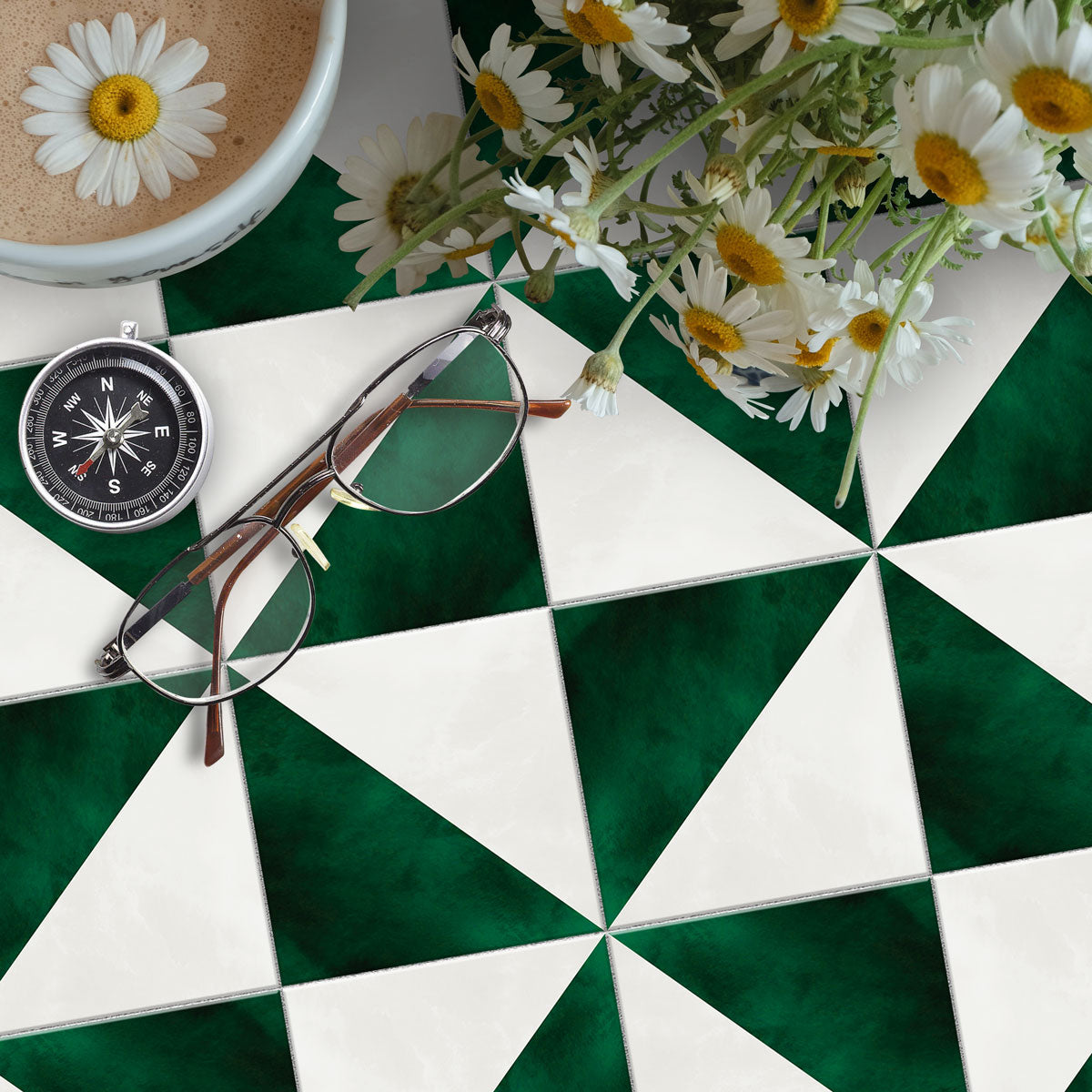 Peel and Stick Emerald Green & Ivory Tile Stickers | Kitchen, Bathroom, Wall Tile Vinyl Decals | Antiskid Floor Tile Stickers