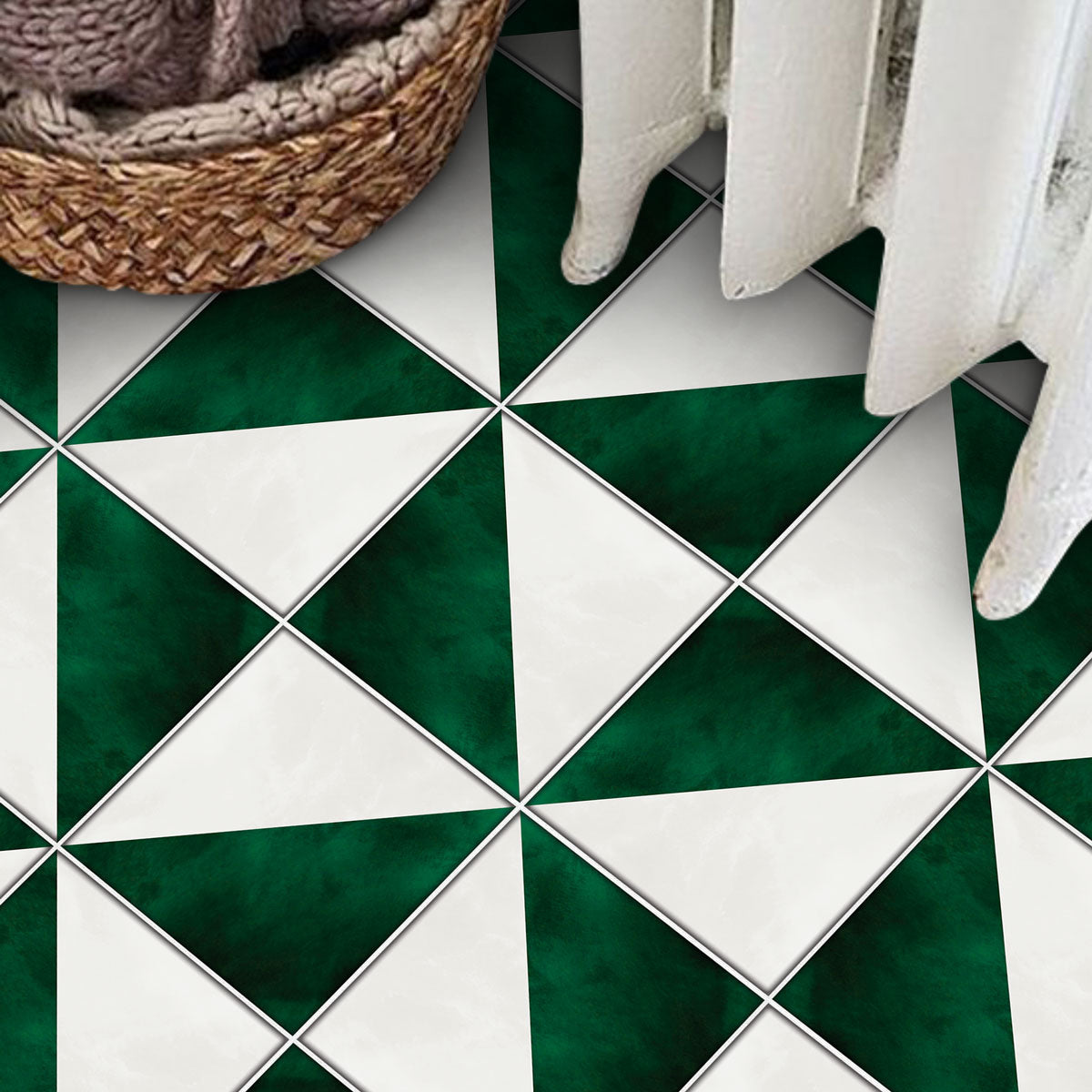 Peel and Stick Emerald Green & Ivory Tile Stickers | Kitchen, Bathroom, Wall Tile Vinyl Decals | Antiskid Floor Tile Stickers