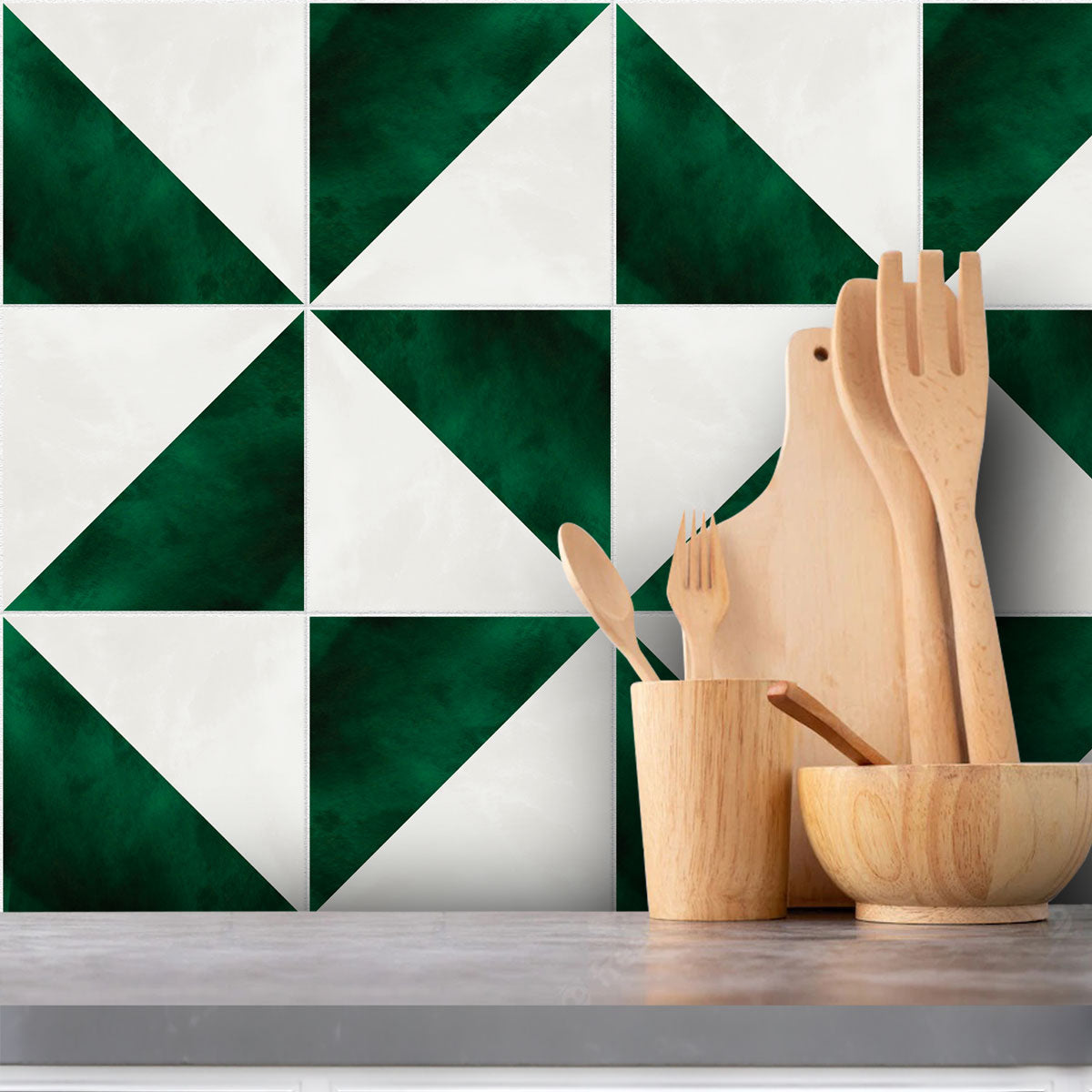 Peel and Stick Emerald Green & Ivory Tile Stickers | Kitchen, Bathroom, Wall Tile Vinyl Decals | Antiskid Floor Tile Stickers