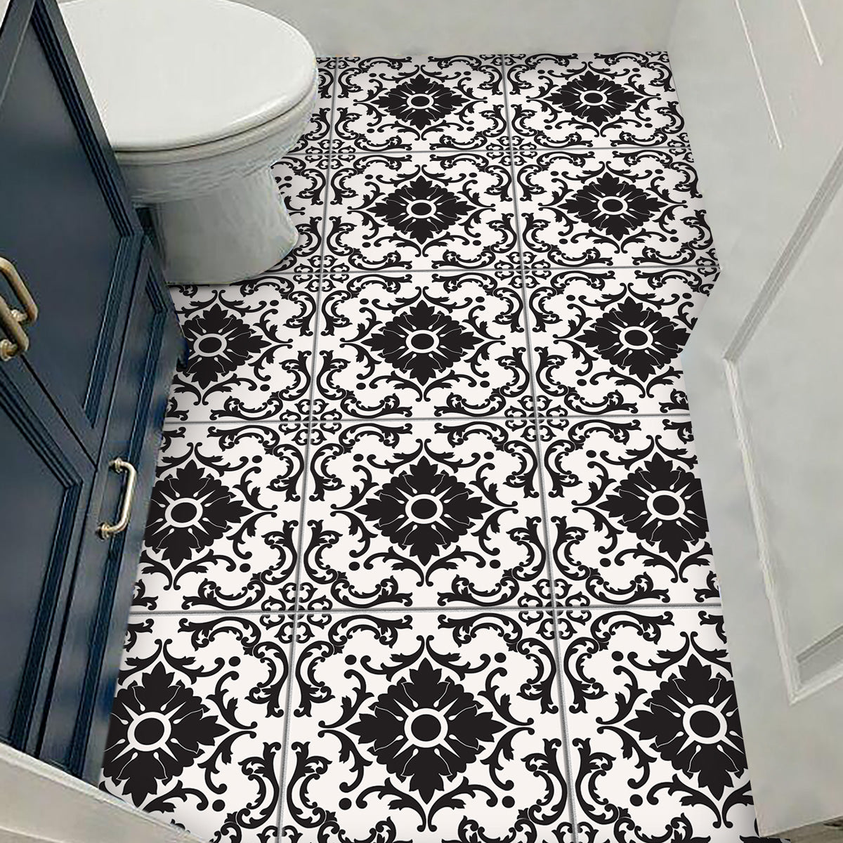 Azulejo Black and Cream Tile Stickers | Elegant Floral Pattern for Kitchens & Bathrooms | Antiskid Floor Tile Stickers | Removable