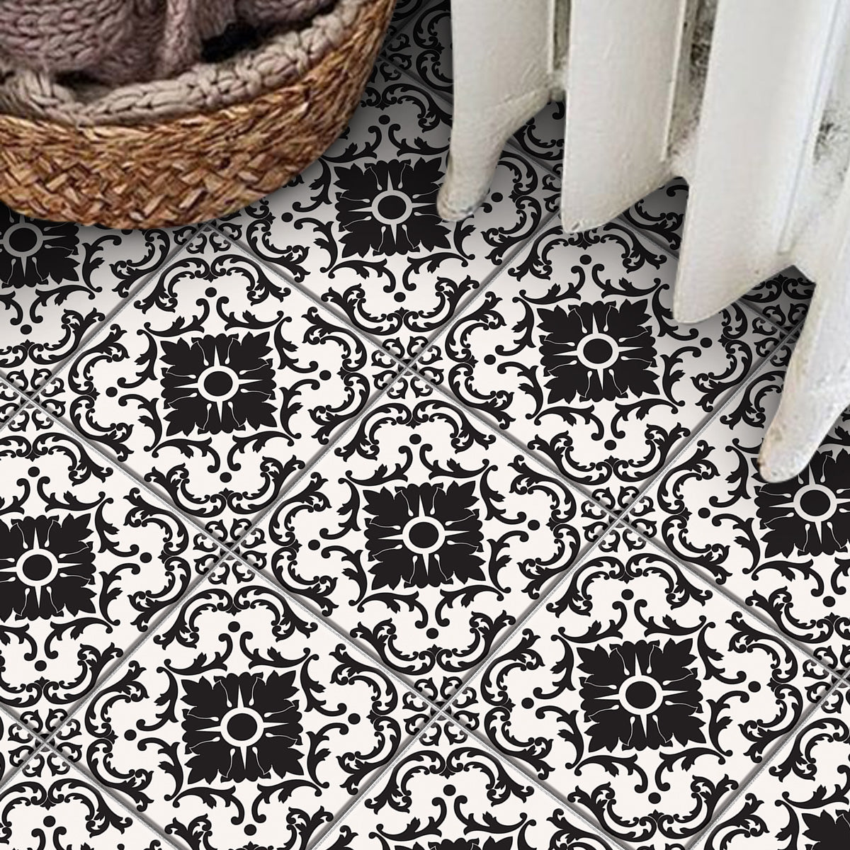 Azulejo Black and Cream Tile Stickers | Elegant Floral Pattern for Kitchens & Bathrooms | Antiskid Floor Tile Stickers | Removable
