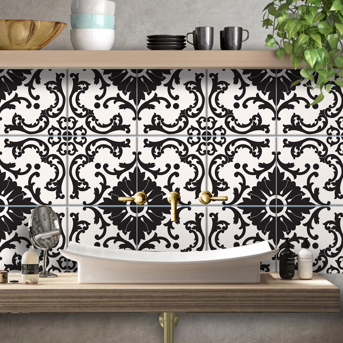 Azulejo Black and Cream Tile Stickers | Elegant Floral Pattern for Kitchens & Bathrooms | Antiskid Floor Tile Stickers | Removable