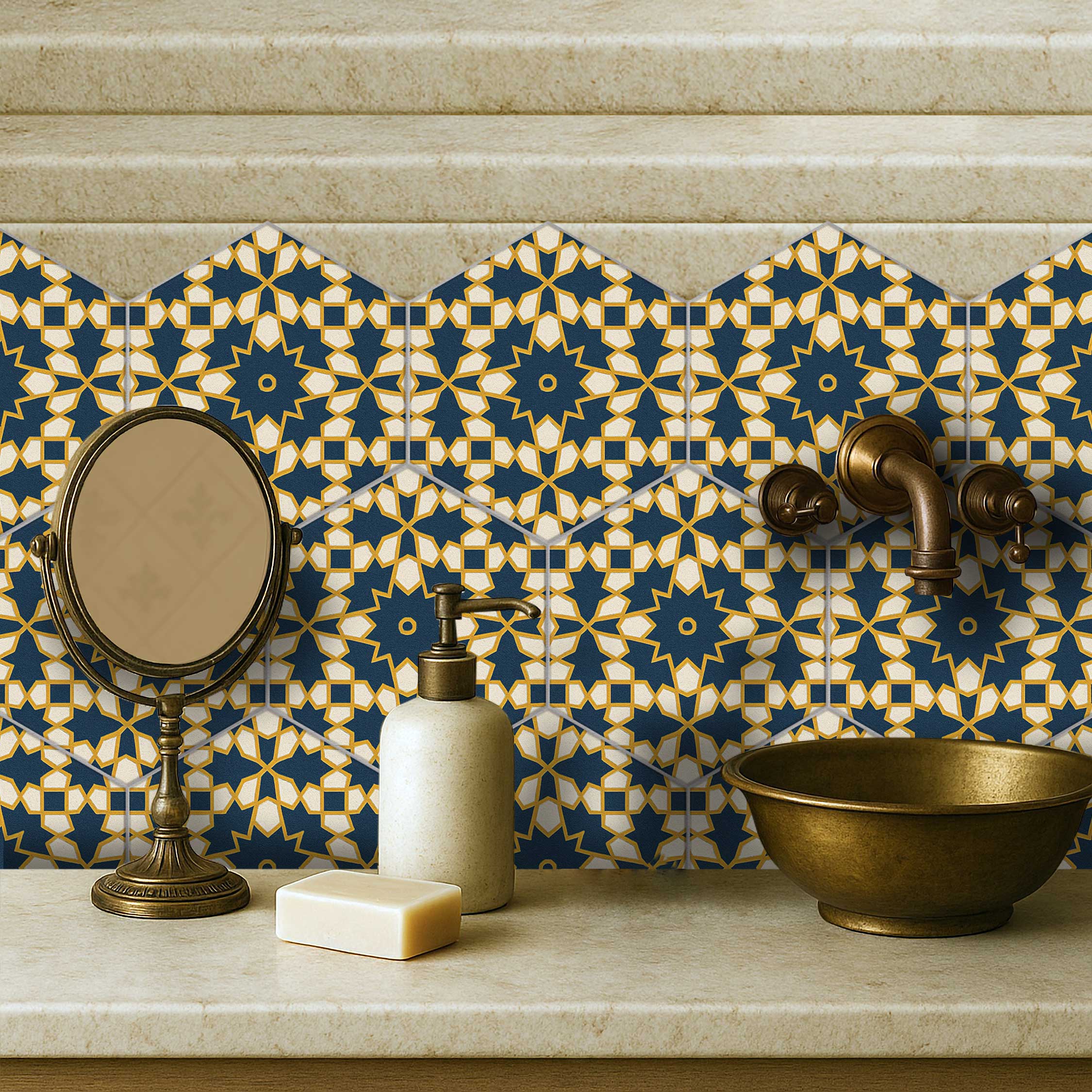 Hexa Fusion Geo Tile Stickers | Hexagon Peel and stick Tile Vinyl Decals for Kitchen, Bathroom, Wall | Antiskid Floor Tile Stickers