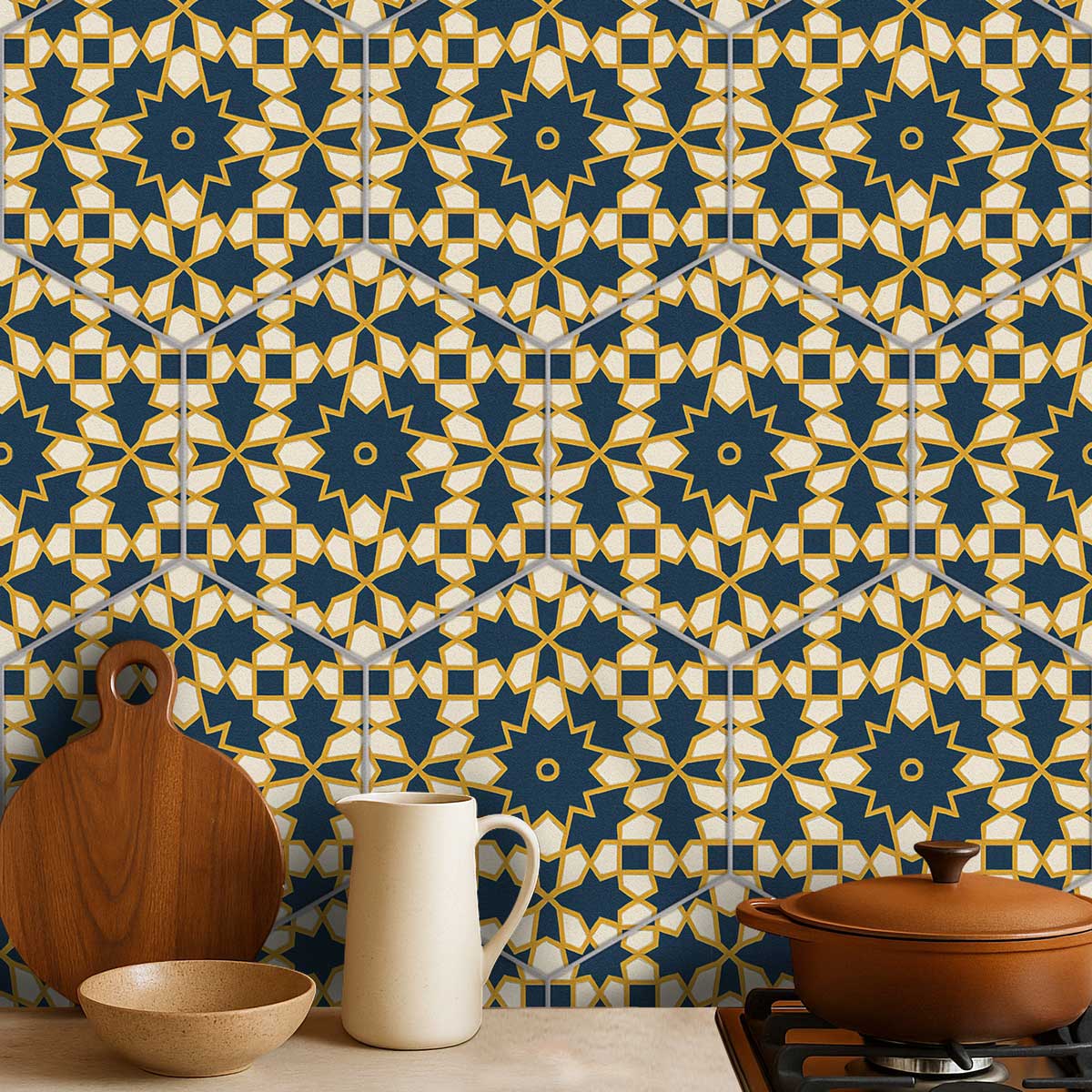 Hexa Fusion Geo Tile Stickers | Hexagon Peel and stick Tile Vinyl Decals for Kitchen, Bathroom, Wall | Antiskid Floor Tile Stickers