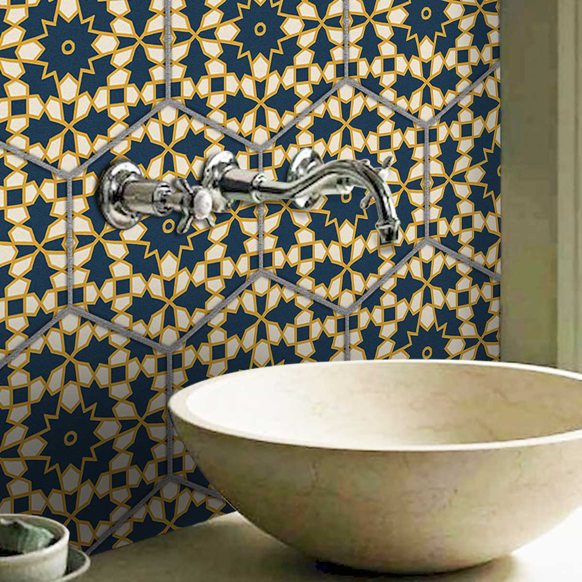 Hexa Fusion Geo Tile Stickers | Hexagon Peel and stick Tile Vinyl Decals for Kitchen, Bathroom, Wall | Antiskid Floor Tile Stickers