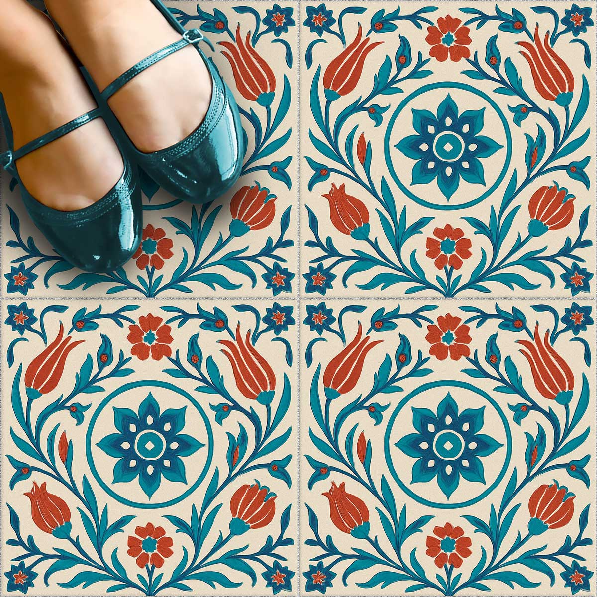 Teal and Clay Garden Backsplash Tile Stickers | Peel and Stick Wall, Kitchen & Bathroom Tile Decals | Antiskid Floor Tile Vinyl