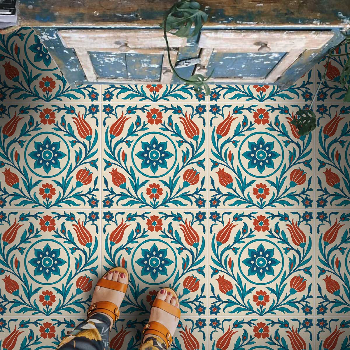 Teal and Clay Garden Backsplash Tile Stickers | Peel and Stick Wall, Kitchen & Bathroom Tile Decals | Antiskid Floor Tile Vinyl