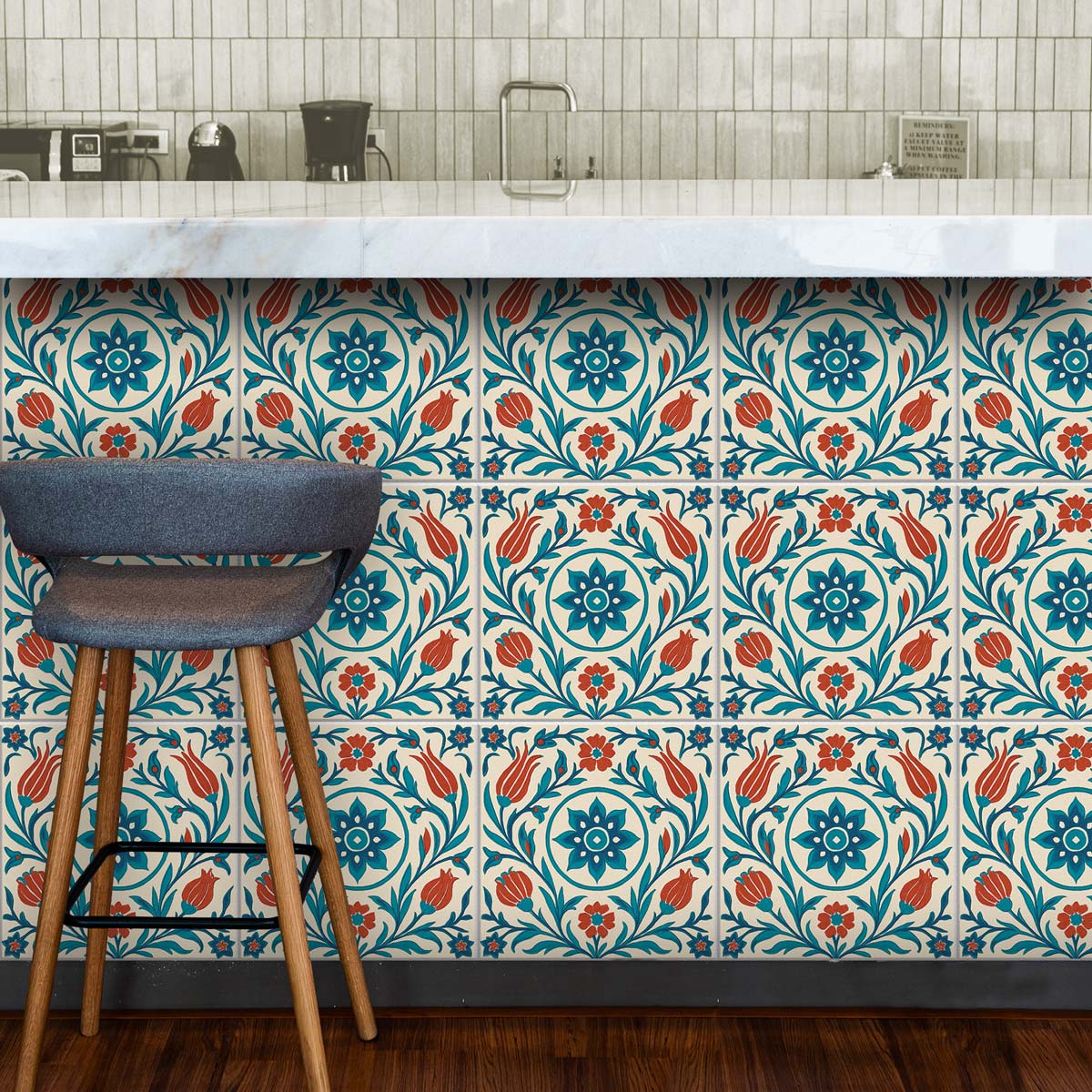 Teal and Clay Garden Backsplash Tile Stickers | Peel and Stick Wall, Kitchen & Bathroom Tile Decals | Antiskid Floor Tile Vinyl