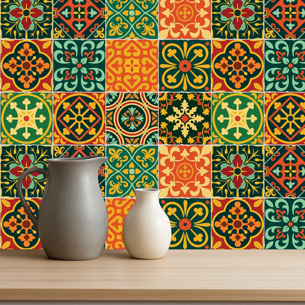 Fiesta-Inspired Tile Vinyl Decals | Retro Kitchen Wall & Bathroom Peel and Stick Vinyl Stickers | Antiskid Floor Tile Stickers