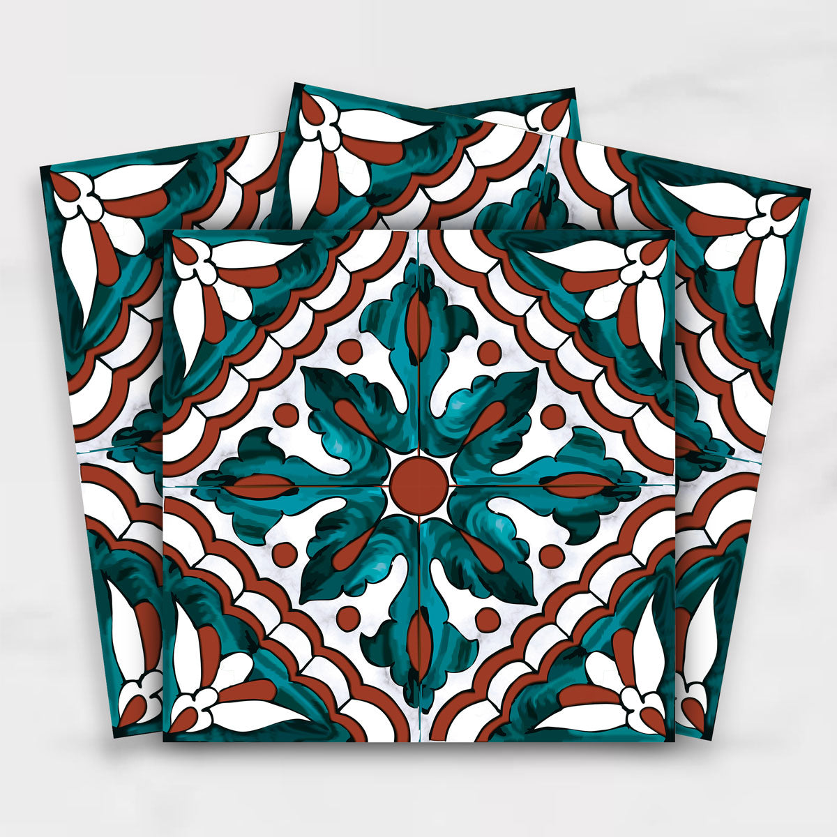 Peel and Stick Tile Moroccan Stickers | Moss Green with Terracotta Design Tile Decals | Kitchen Bathroom Wall Tile Stickers