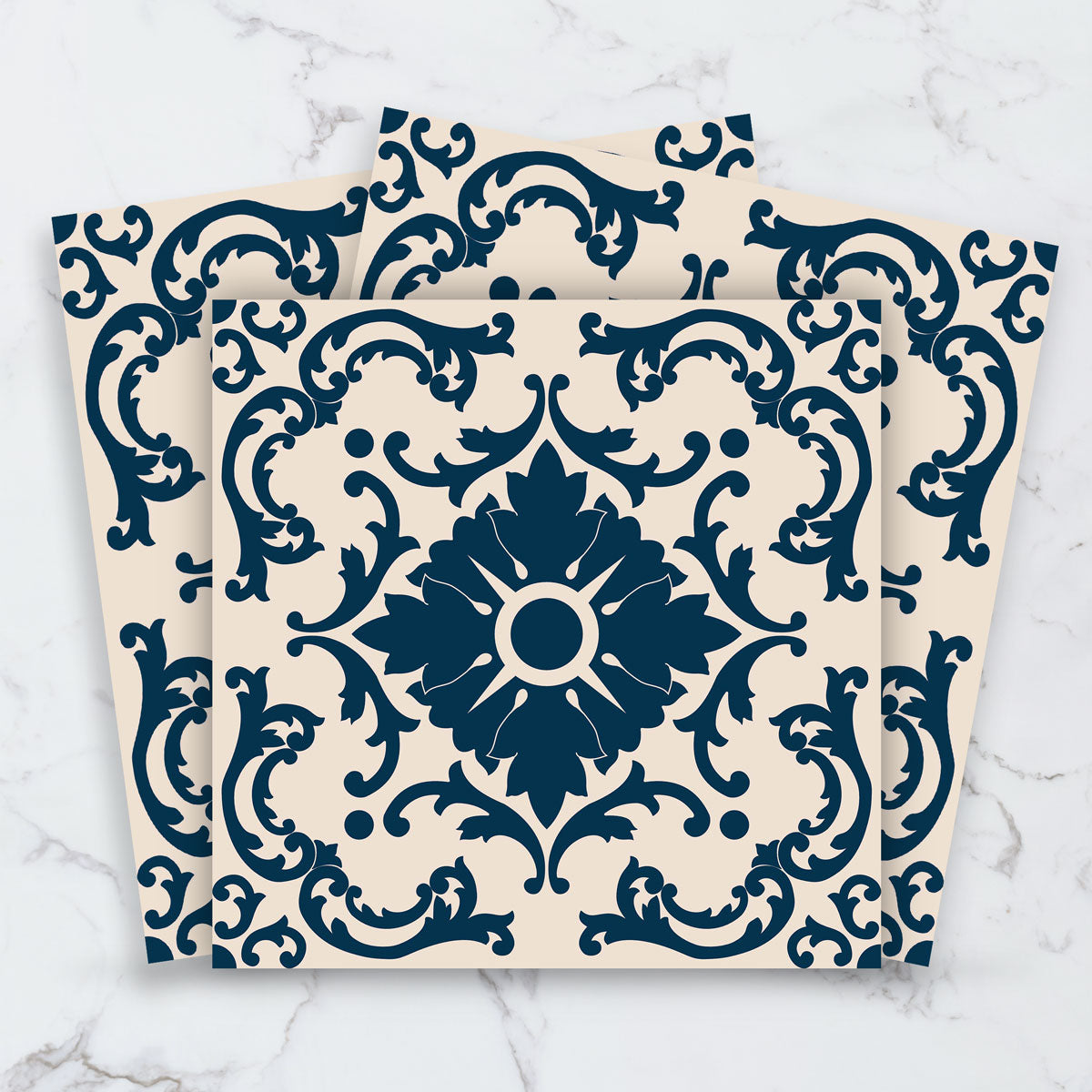 Azulejo Dark Blue & Ivory Tile Stickers | Peela and Stick Tile Vinyl for Kitchens Bathroom Wall | Antiskid Floor Tile Stickers