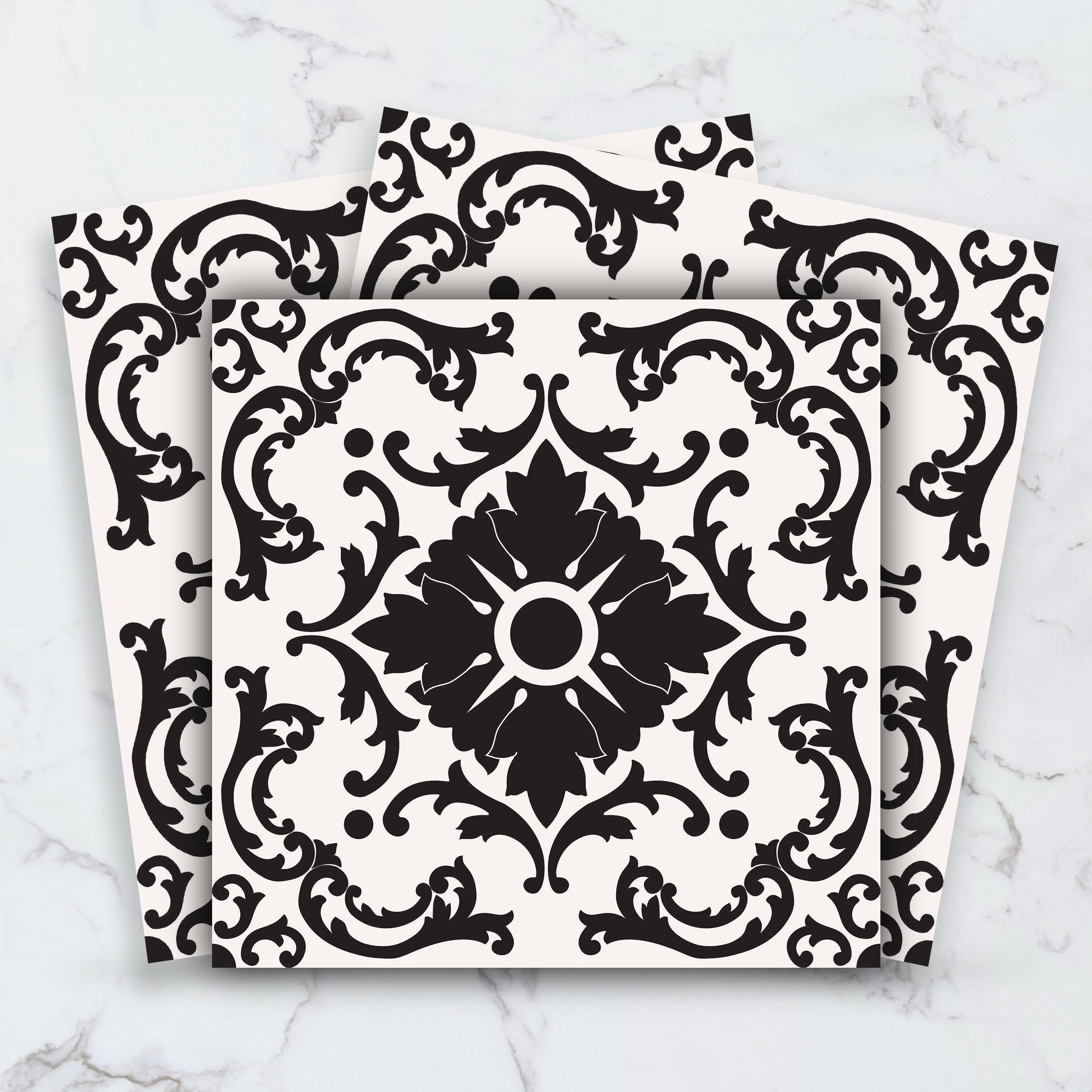 Azulejo Black and Cream Tile Stickers | Elegant Floral Pattern for Kitchens & Bathrooms | Antiskid Floor Tile Stickers | Removable