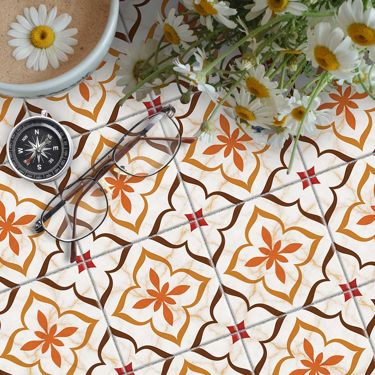 Terracotta Blossom Tile Stickers | Peel and Stick Kitch Bathroom Wall Floor Tile Vinyl Decals | Removable | Free Shipping